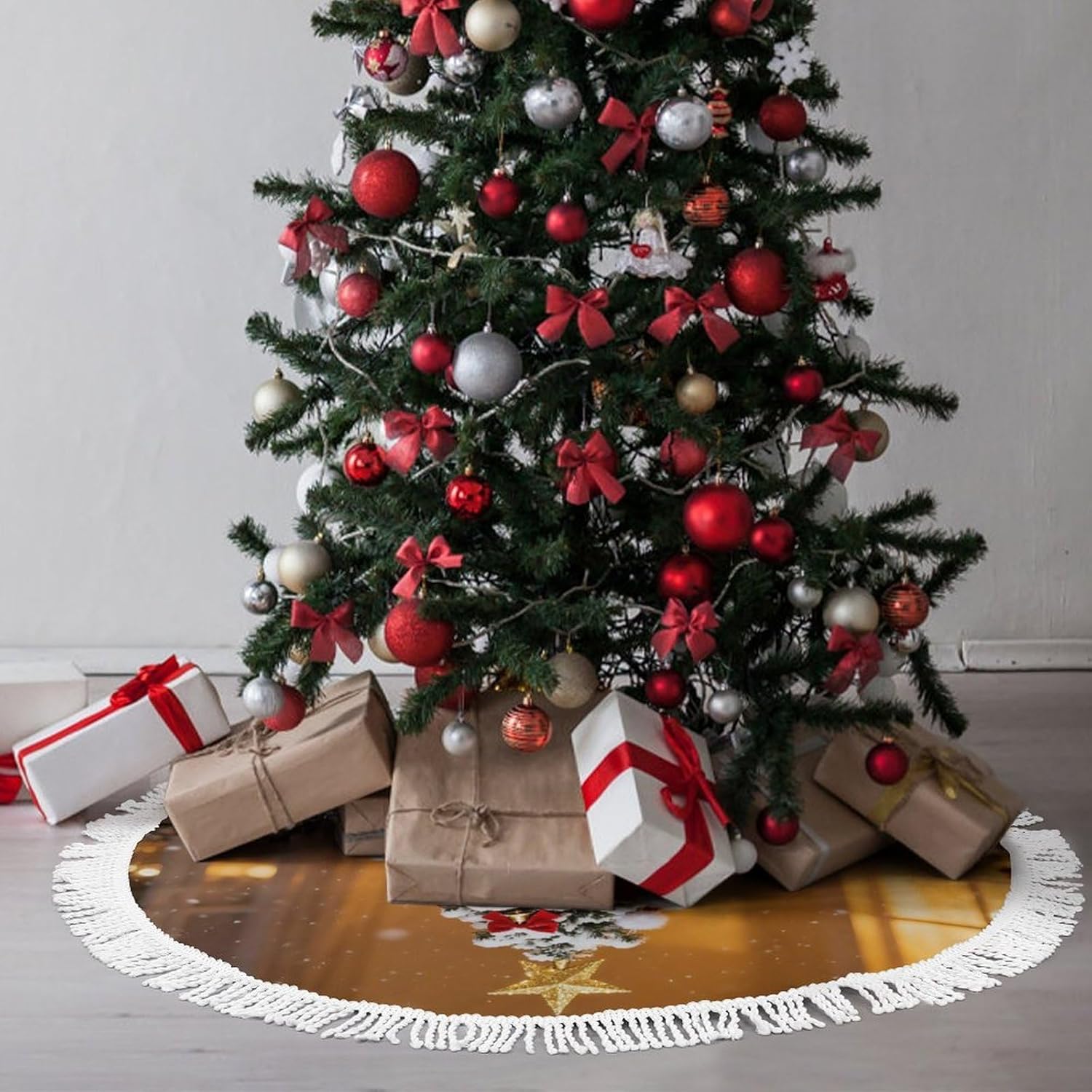 Christmas Tree Skirt Mat Decor with Tassels Rustic Farmhouse Snowflake Christmas Tree Christmas Decorations