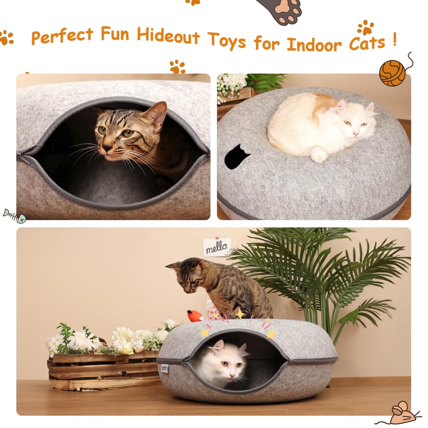 Nobleza Tunnel Per Gatti in Feltro, Cuccia per Gatti Rimovibile con Cerniera, Grande Cuccia Rotonda per Gatti da Interno, Adatto per Gatti di Taglia Medio-Grande Fino a 13 kg, 60×60×26cm, Grigio