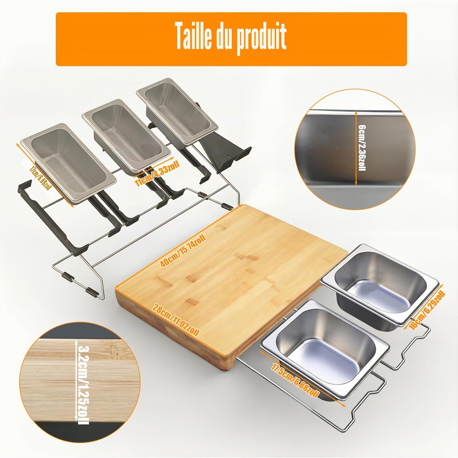 Planche à découper en bambou avec bac de recyclage Grande cutting board Comprend 5 récipients de conservation alimentaires en acier inoxydable et 1 support pour téléphone/tablette (40 × 28 × 3,2 cm)