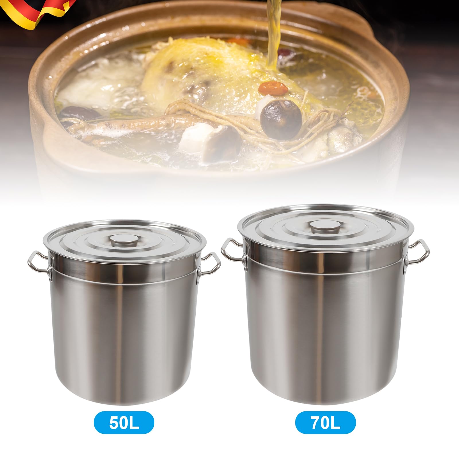 Olla de cocina de acero inoxidable en 2 tamaños, 50 l, 70 l, ideal para todo tipo de cocinas y cocinas grandes, juego de ollas gastronómicas (50 L)