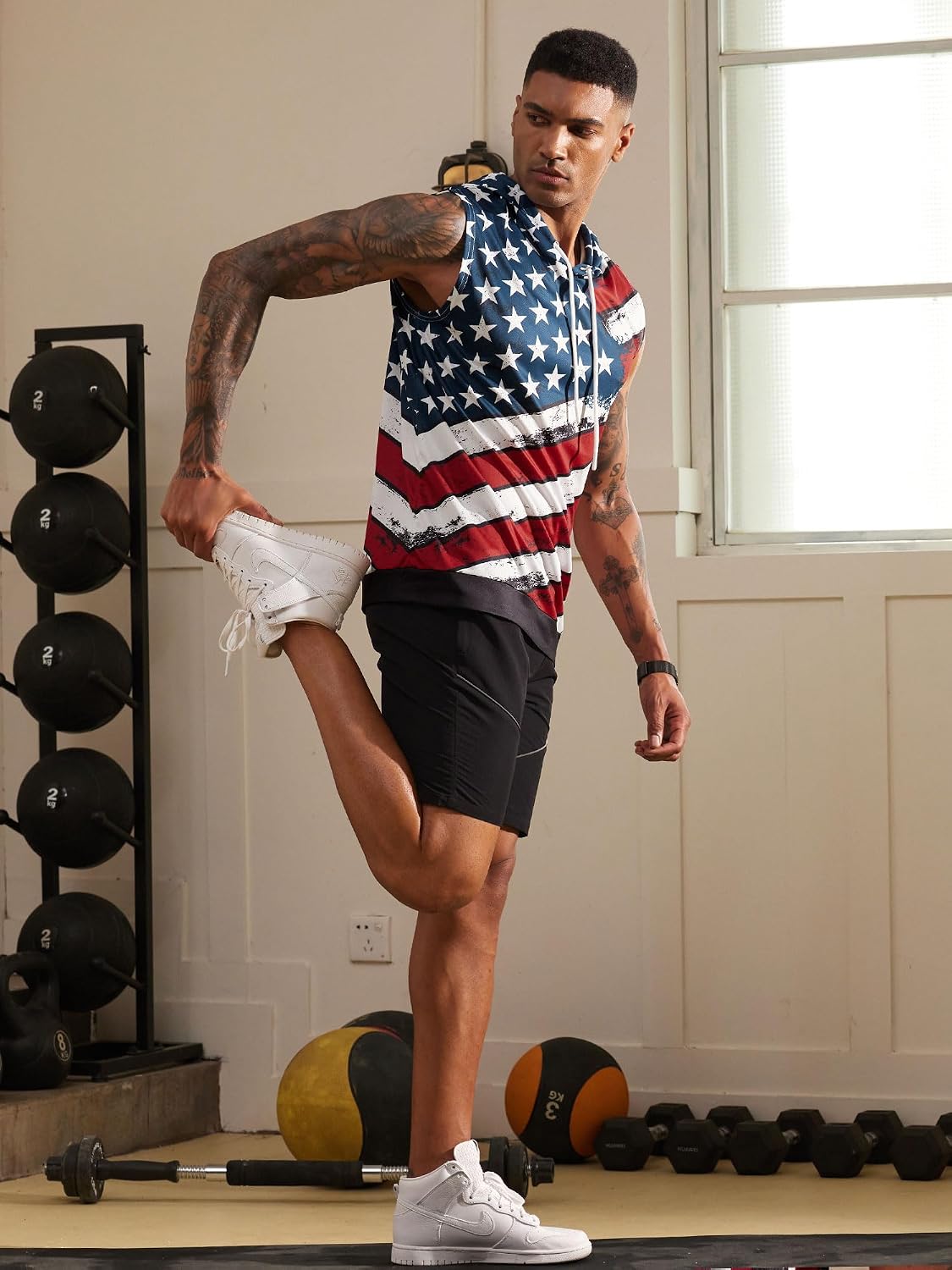 Arvilhill Men's 4th of July Hooded Tank Tops American Flag Muscle Sleeveless Shirt (S-2XL)