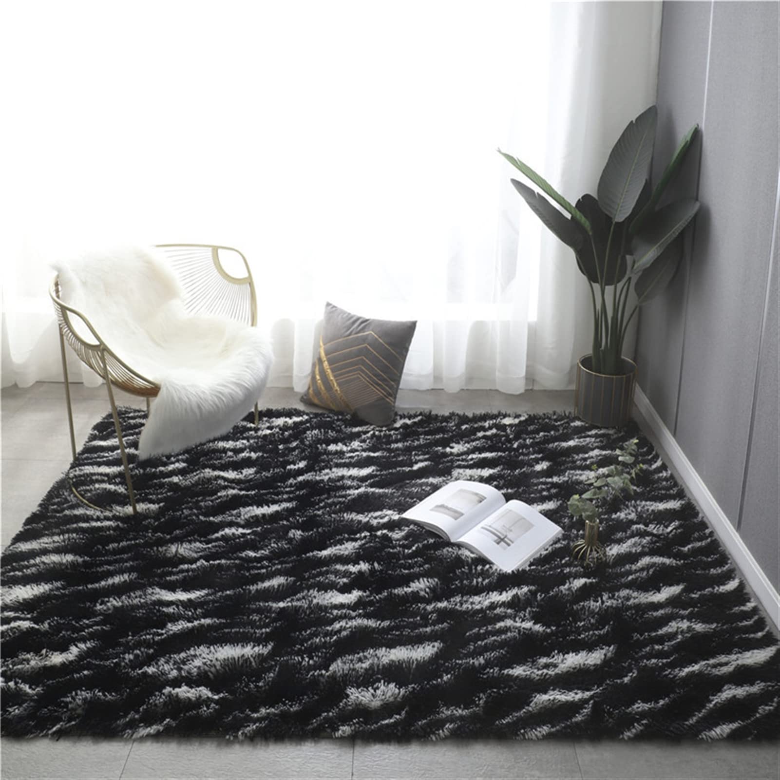 Lifup Tappeto Peloso Morbidi Soffici Antiscivolo Tappetino a Pelo Lungo Rettangolo per Soggiorno Camera da Letto Nero Bianco 3 80 x 160 cm