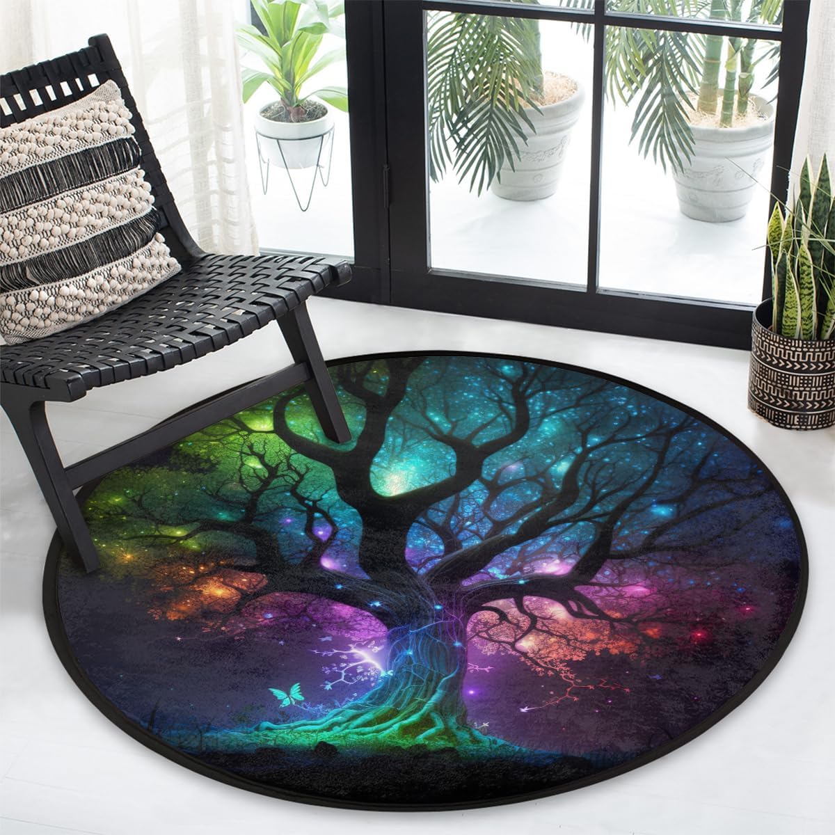Round Rug 5ft Tree of Life Universe Indoor Circle Area Circle Rugs Washable Non-Slip Bedside Indoor Doormat for Living Room Bedroom Playroom Nursery Room Decor Carpet Mat Splat Mat for High Chair