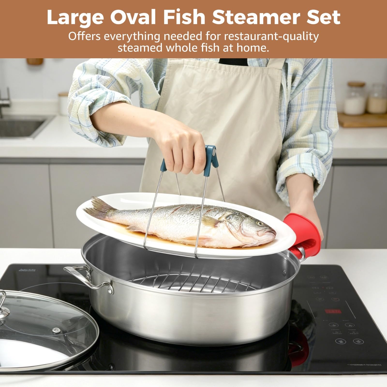Fisch-Dampfgarer-Set aus Edelstahl, ovaler ganzer Fisch Dampfgarer mit Glasdeckel, Gestell, Keramikpfanne, Futter und Handschuhen, Mehrzweck-Kochgeschirr zum Dämpfen, Kochen