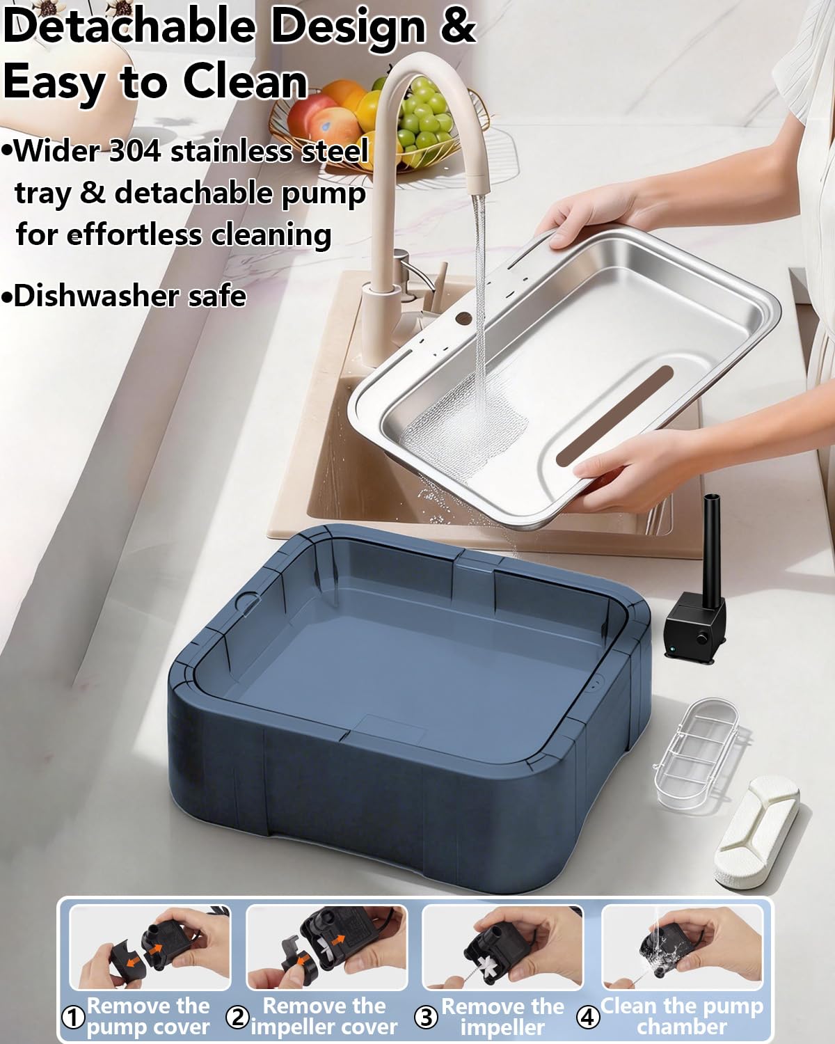 UPSKY Fuente de agua para gatos, dispensador de agua para mascotas de gran capacidad de 2.25 galones/8.5 litros, bandeja de acero inoxidable 304 ultra silenciosa para gatos grandes, perros y múltiples