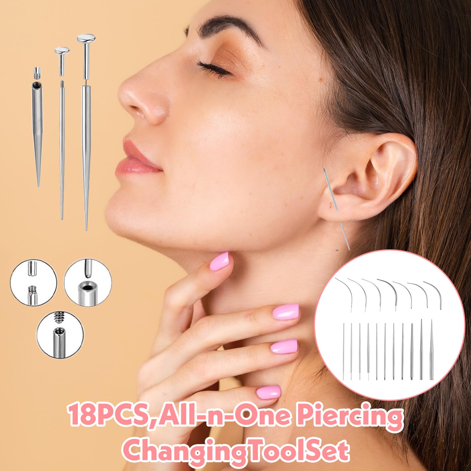 Zestaw 18 sztuk igieł do piercingu, zestaw do przekłuwania uszu, stal chirurgiczna, stal nierdzewna, do wsuwania tragus, helix, wargi, nosa, chrząstki