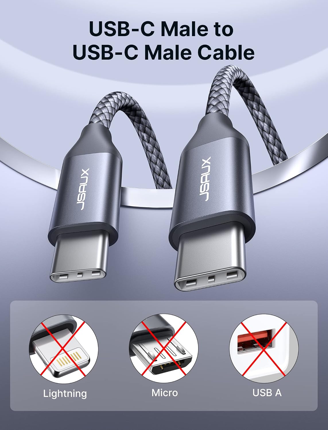 JSAUX USB C to USB C Cable 60W [2-Pack 10FT], USBC Type C Fast Charging Cord Charger Compatible with Samsung S23/S22/S21/S20 Ultra, Note 20/10, MacBook Pro/Air, iPad Pro 12.9 11 Air Mini, PixelGrey