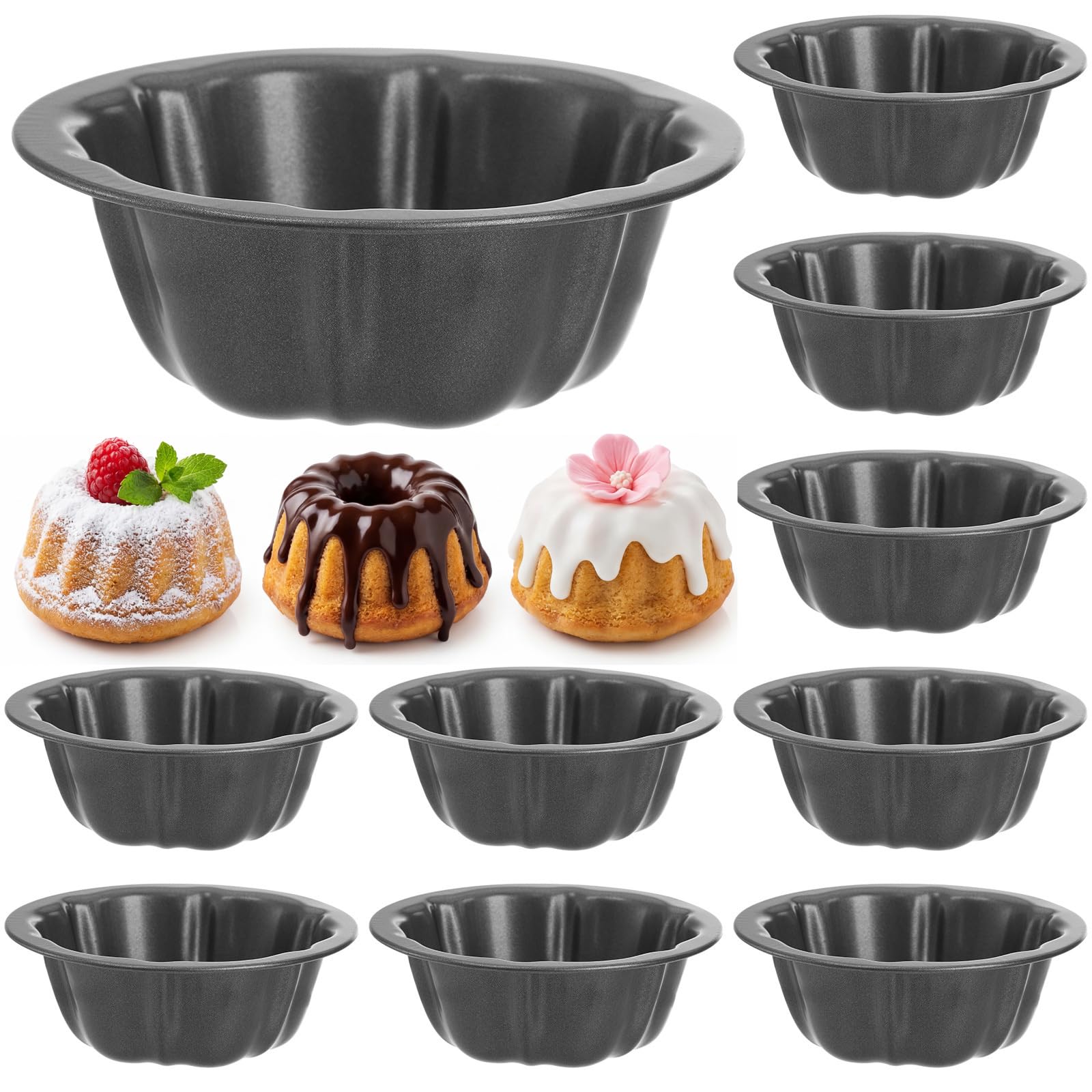 ZENFUN 10 Pcs Mini Flan Molds Pan, 4 Inches Fluted Cake Pan Nonstick, Carbon Steel Mini Flan Molds Pans, Cake Pans Reusable Tube Oven Baking Mold for Cupcake, Bread, Bavarois, Brownie