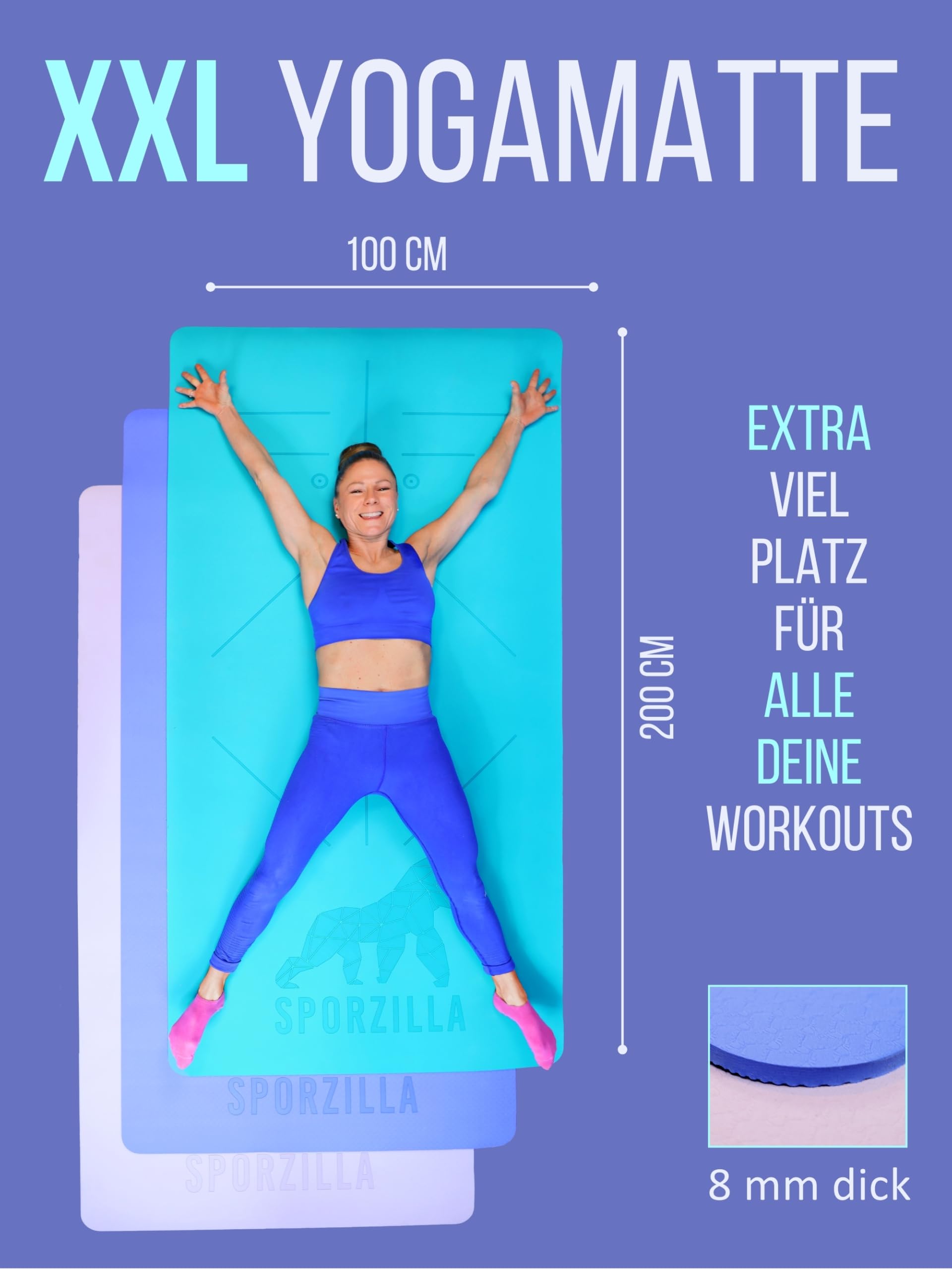 Yoga Matte XXL 200 x 100 cm – 8 mm dick - rutschfest und schadstofffrei – mit Hilfslinien und Tragetasche, Gymnastikmatte, Sportmatte