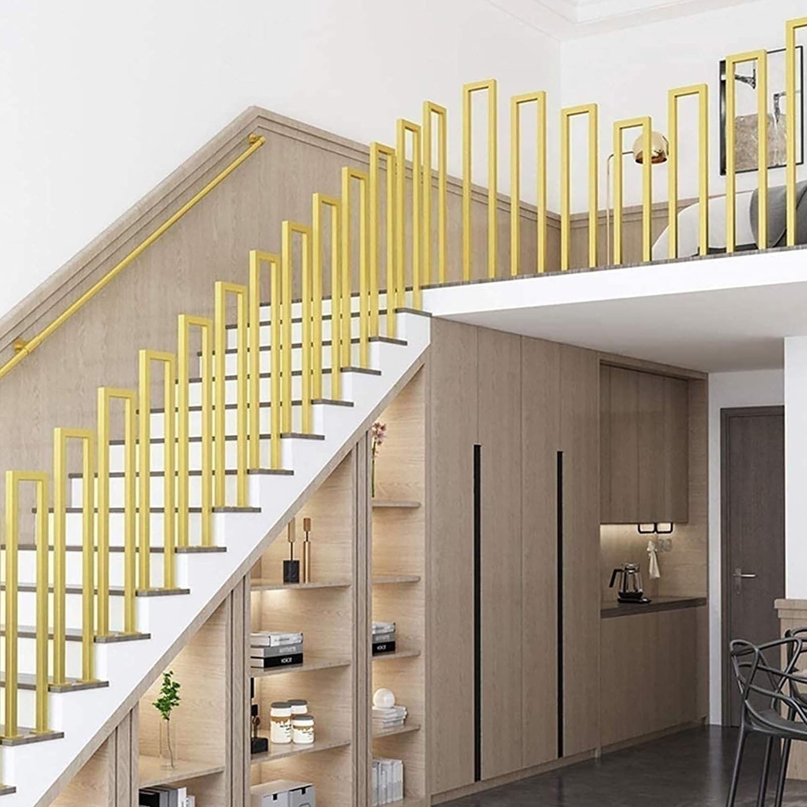 LWJSOCP Metal Stair Railing Kit U/M Stairs Handrail for Indoor/Outdoor/Loft/Garden Non Slip Balusters Gold Finish 3FT