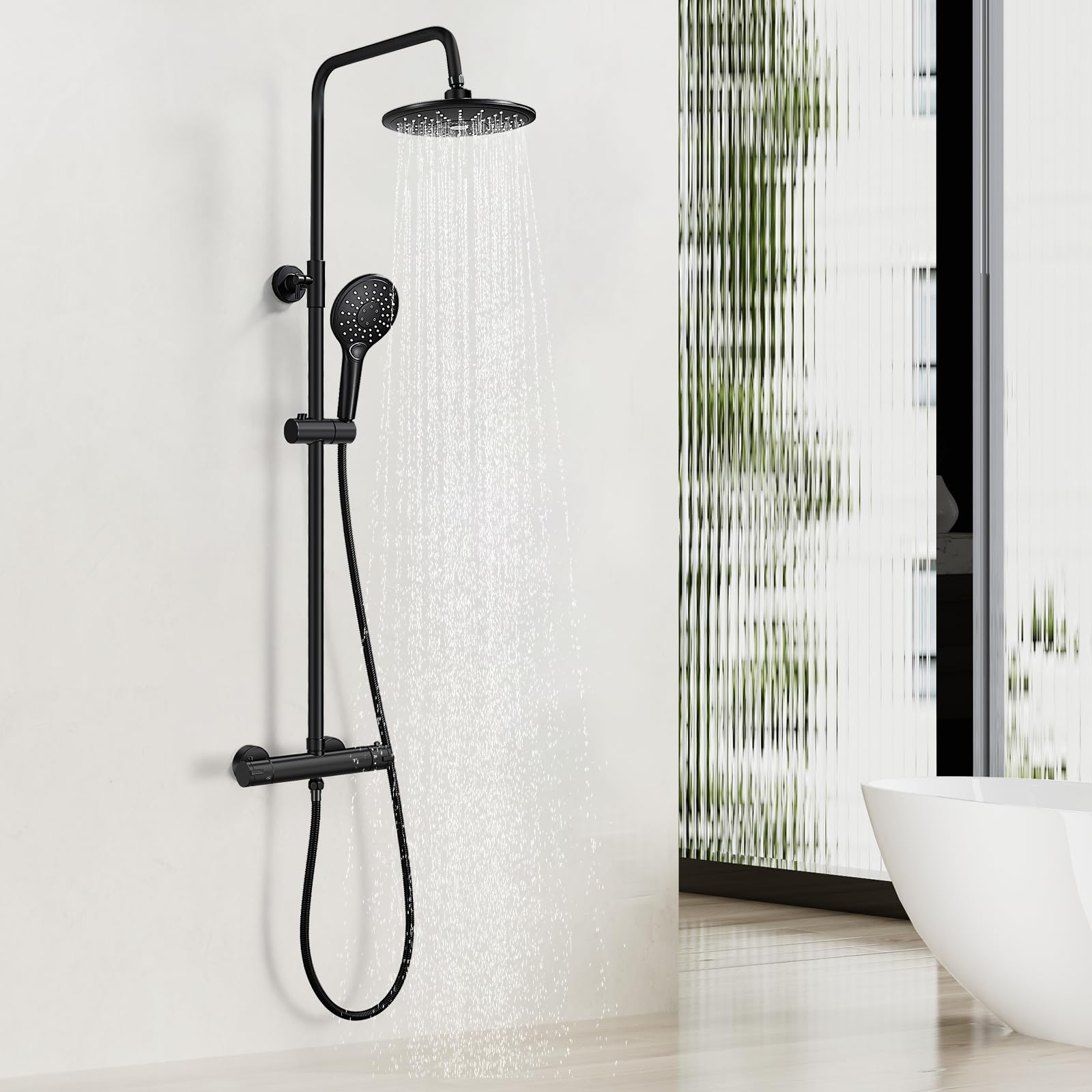 Schwarzes Duschsystem Mit Thermostat – Regendusche & Handbrause, Deckenmontage, 8 Zoll