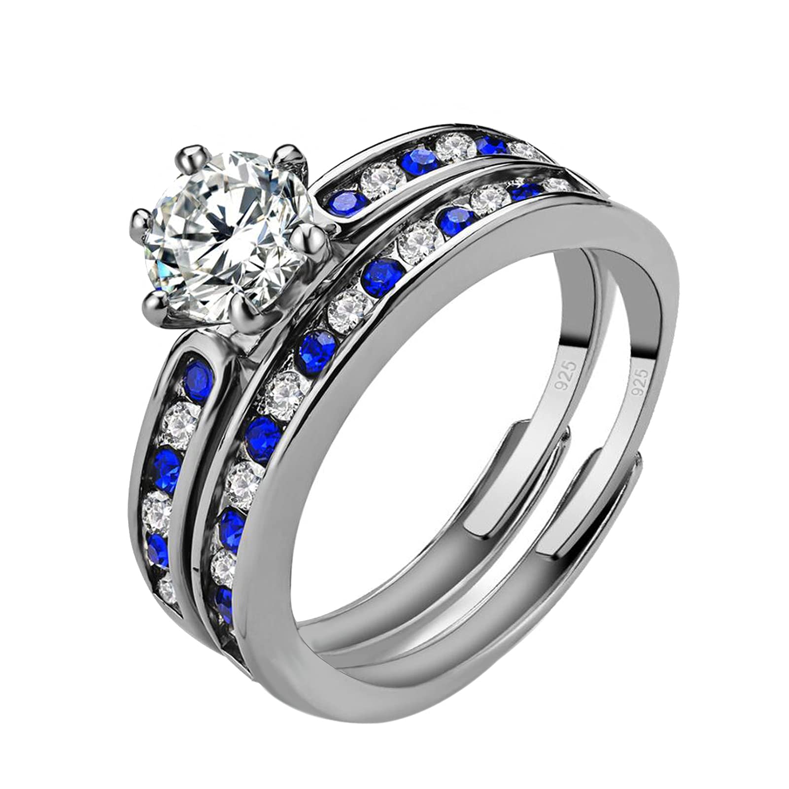 Mashan Adjustable Size Women Wedding Ring Sets 10K Gold Plated 925 Sterling Silver 1.5ct AAAAA CZ Three stone Engagement Ring Blue Cz Wedding Band