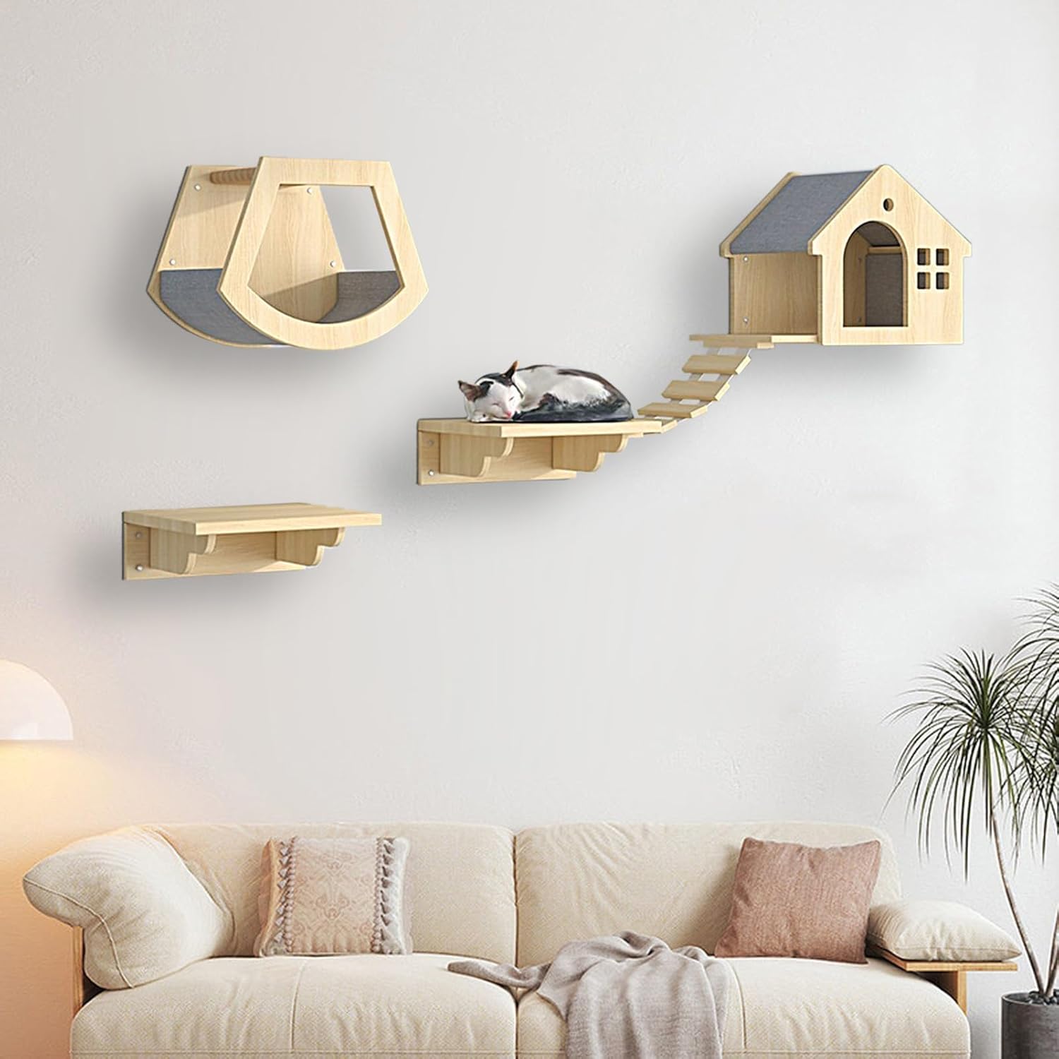 Wall Mounted Cat Climbing Frame, Wooden Cat Stairs Ladder Furniture, Kitten Activity Centre with Jumping Platform, Nest(4PCS)