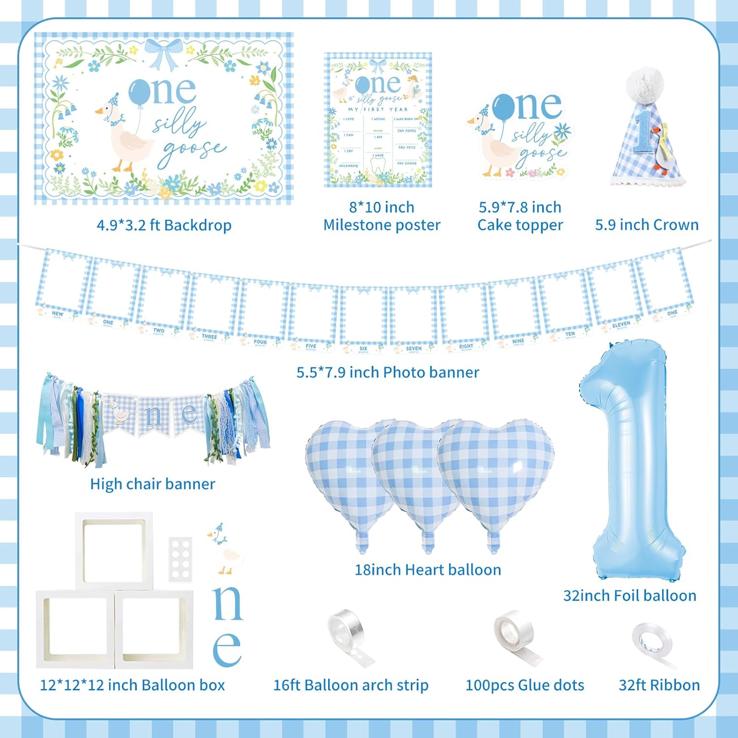 One Silly Goose Birthday Decorations, Blue Silly Goose First Birthday for Boys, Goose 1st Highchair Banner Balloon Garland Box Monthly Photo Cake Topper Hat Poster for Boys Funny Party Supplies