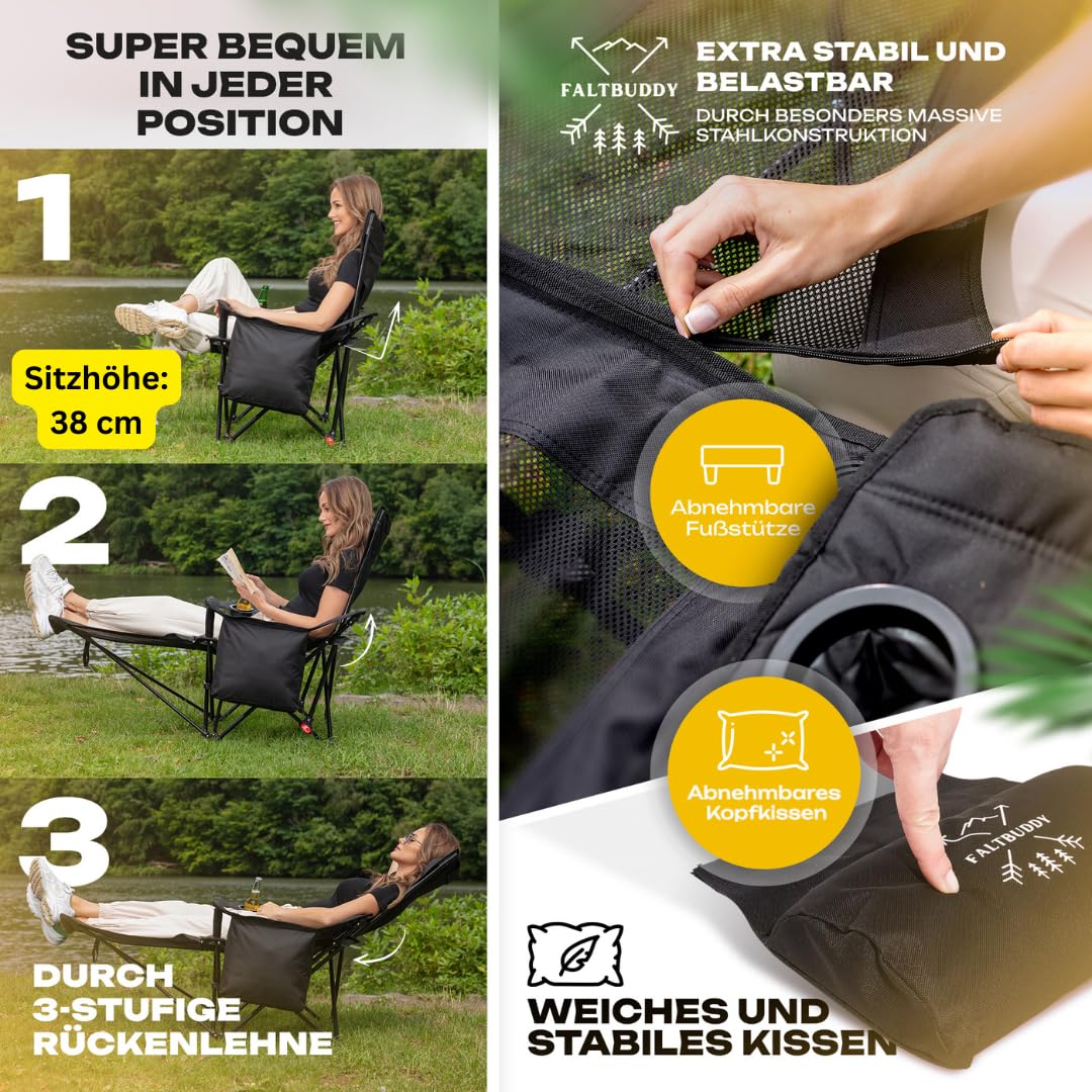 Campingstuhl faltbar & Liegestuhl klappbar 2in1 180Kg schwarz [XXL Kühltasche] Faltstuhl I Klappstuhl I Angelstuhl Campingliege Strandliege klappbar leicht - Angler Strand Festival Outdoor