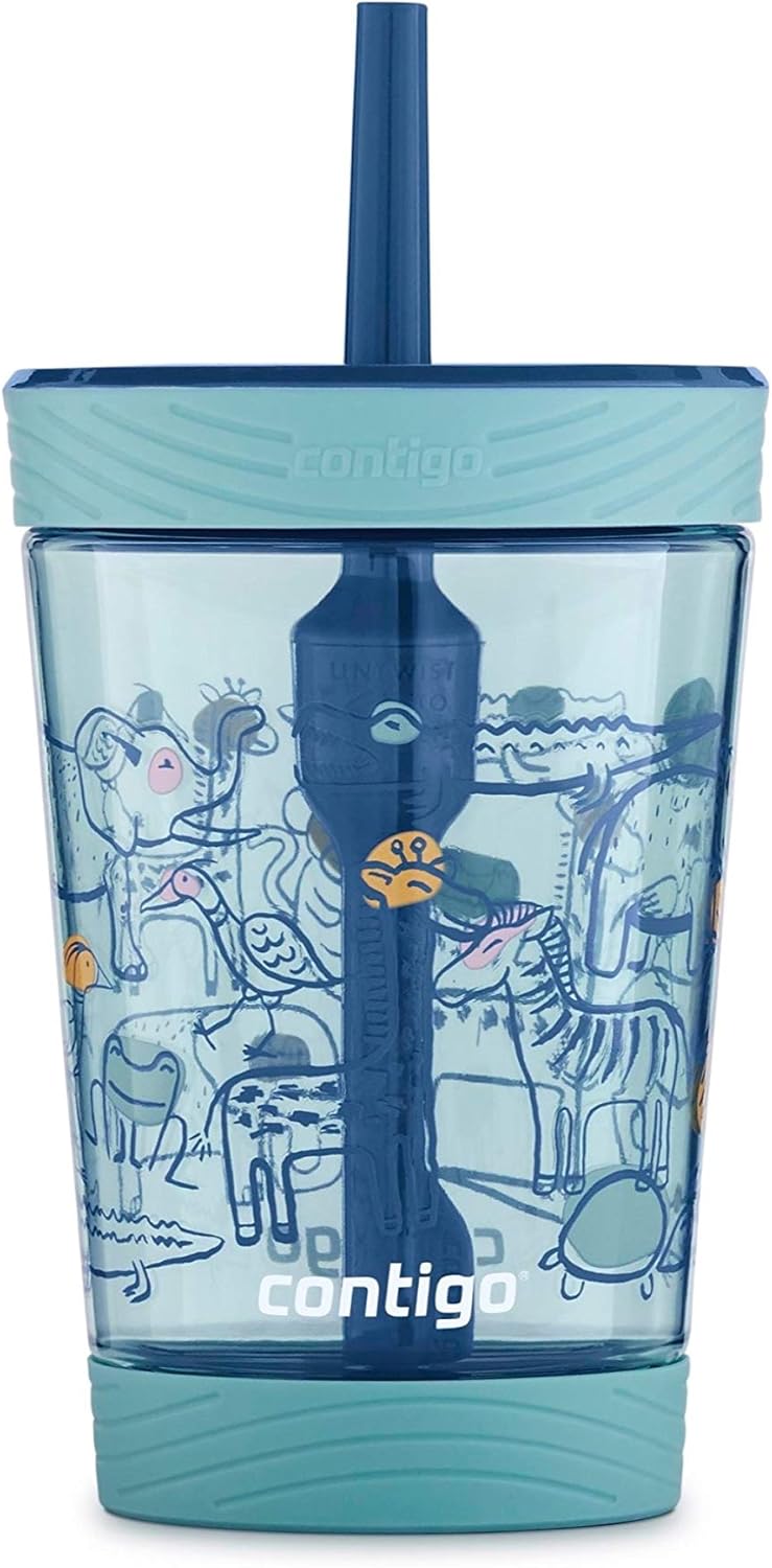 Contigo Spill-Proof 14oz Tumbler with Straw and BPA-Free Plastic, Fits Most Cup Holders and Dishwasher Safe, Agave Zoo Animals