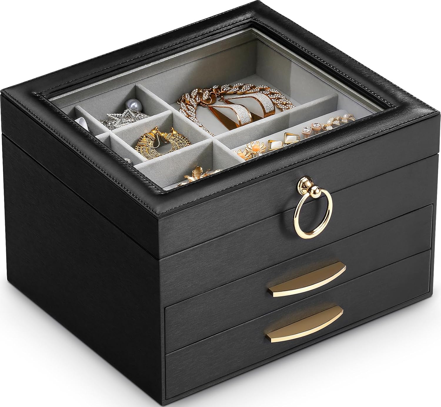 SOLEDI Mothers Day Gift, Jewelry Box for Women, Elegant Jewelry Organizers and Storage, 3-Layer, 2 Drawers with Glass Lid, 10.2×8.7×6 inches, Jewelry Storage for Big and Small Jewelry, Black