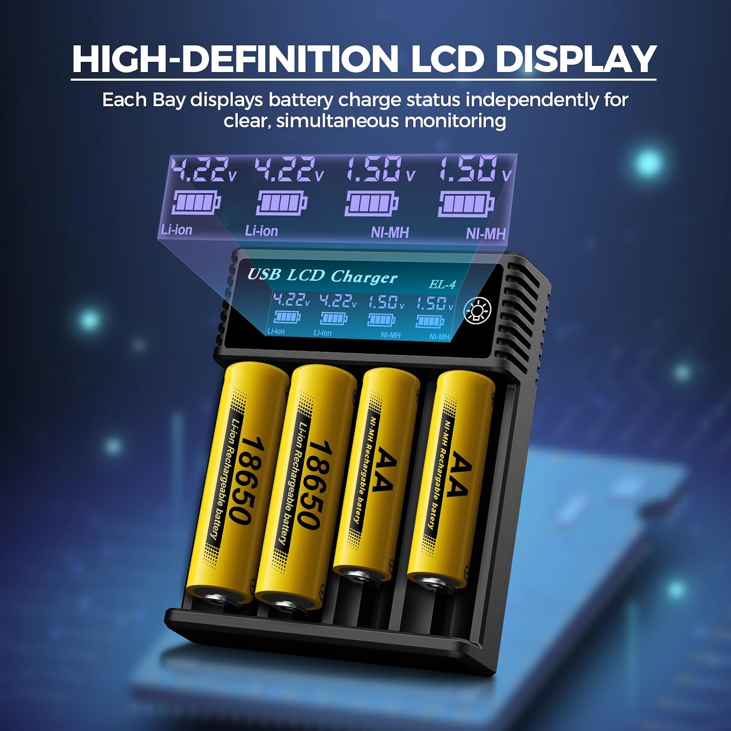 18650 Battery Charger,4 Bay 3.7V Li-ion Battery Charger with Smart LCD Display 2A Fast Charging for Rechargeable Batteries Lithium NI-MH NI-Cd AA AAA C 18650 18350 18700 21700 26650 14500 16340