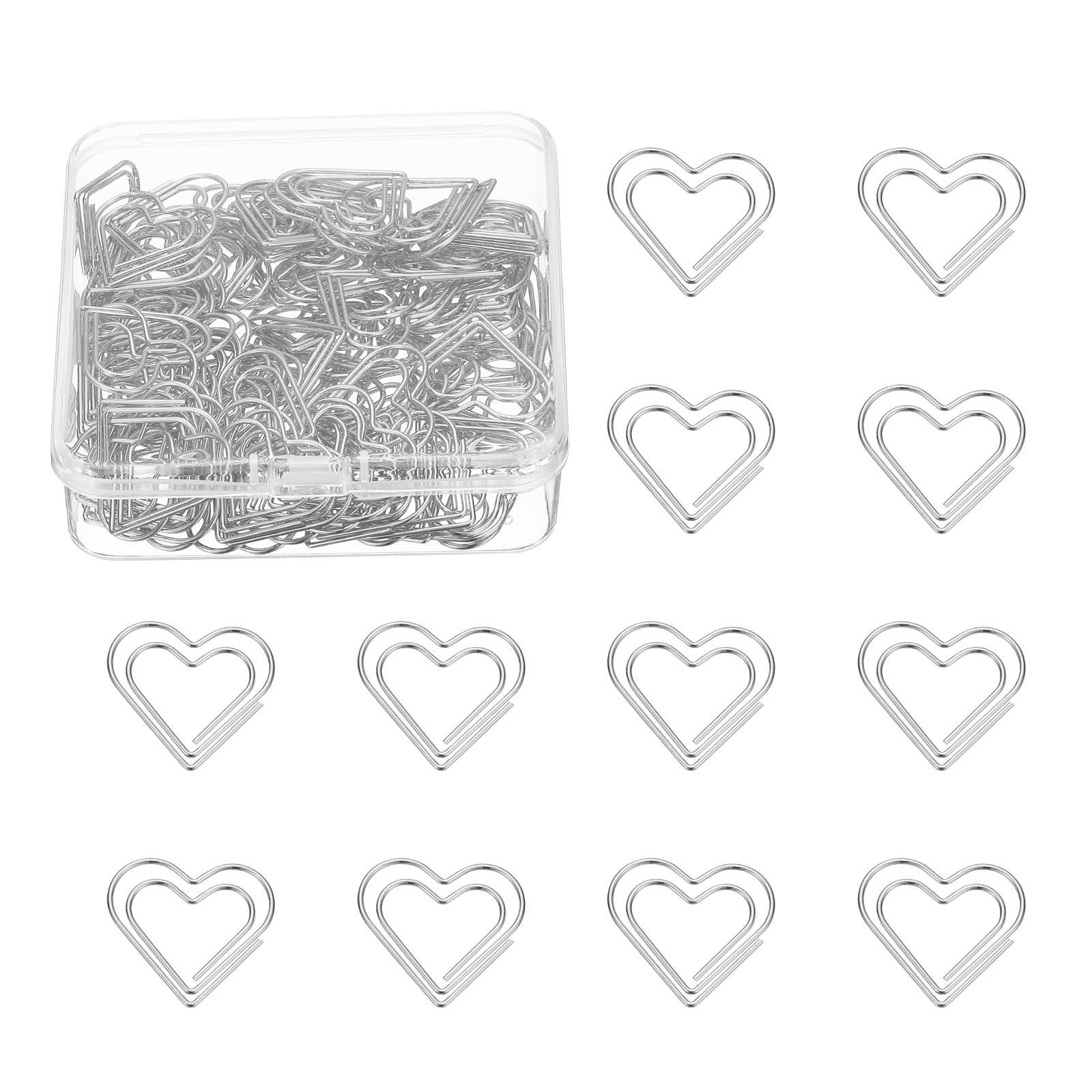 PATIKIL 100 Pcs Heart Shape Paper Clip, Metal Cute Small Paper Clamp Clips for Office Supplies Craft Scrapbook Document Note Sorting, Electroplating, Silver