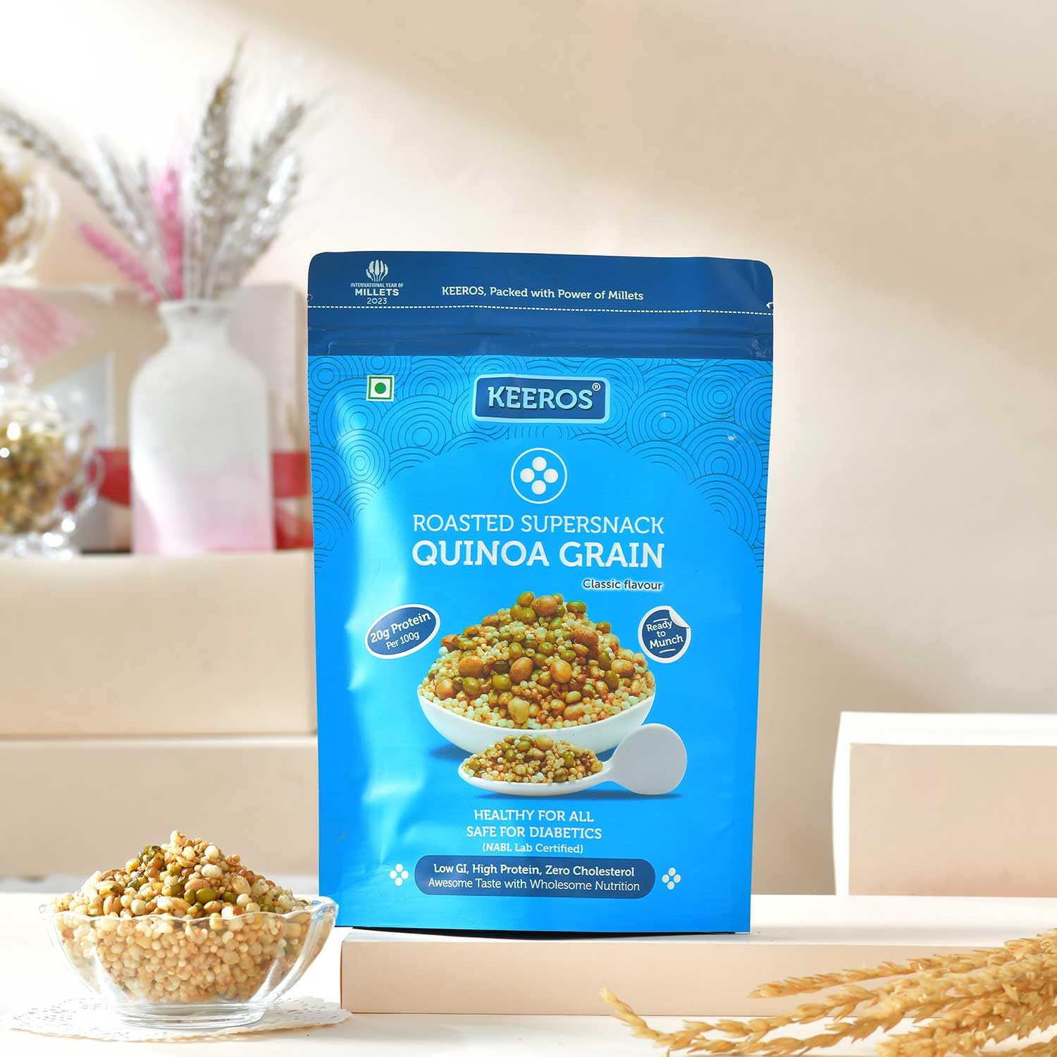 Keeros Quinoa Grain Super Snack for Diabetics - Sugar Free, Low Glycemic Index (GI), Low Calorie, Gluten Free, Tasty mix of Roasted Quinoa Puffs & 4 Super Grains | Diabetic Food Product | 250g-image-36