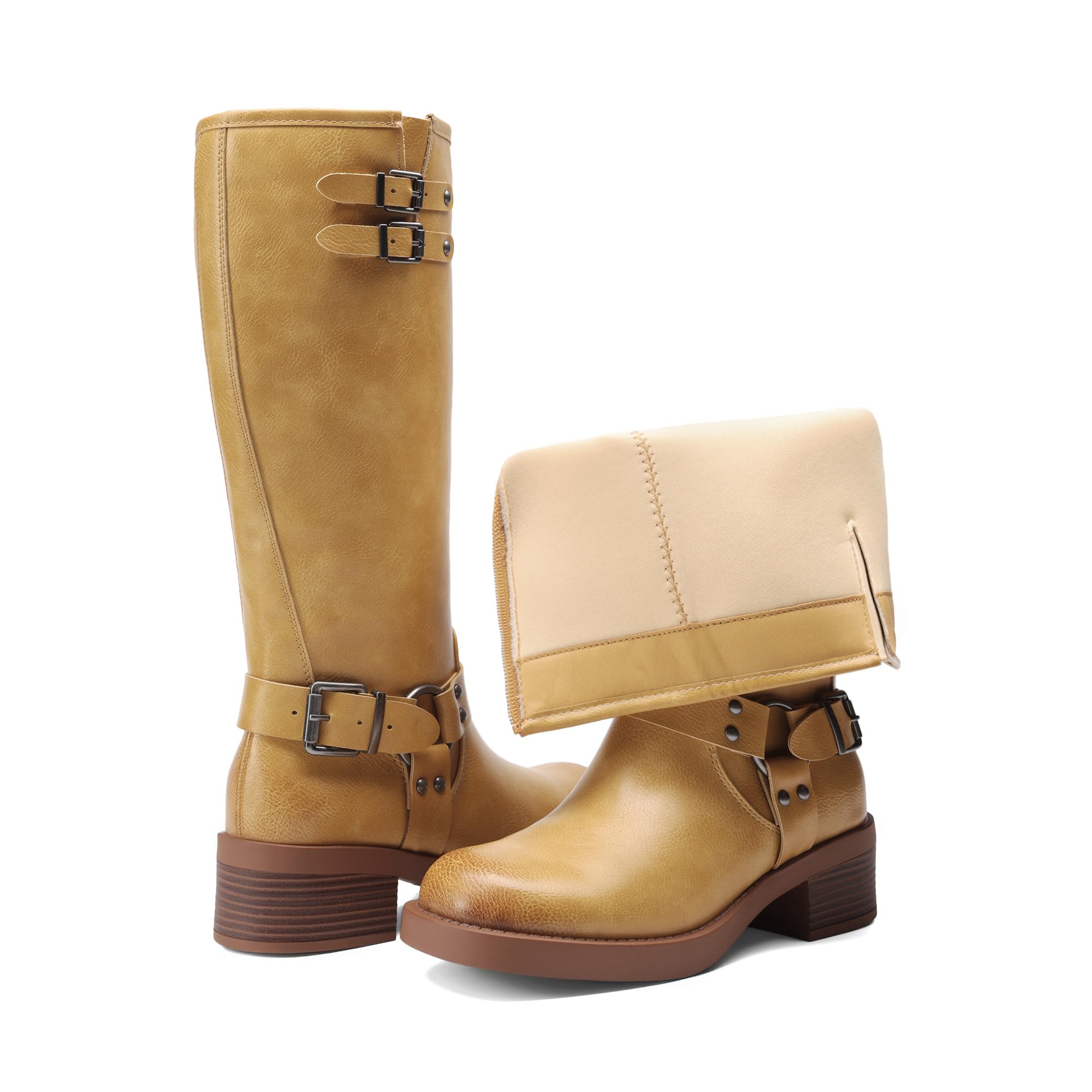 DREAM PAIRS Damskie buty do kolan z bocznym zamkiem błyskawicznym buty motocyklowe kwadratowy nosek masywny niski obcas modne klamry buty jeździeckie