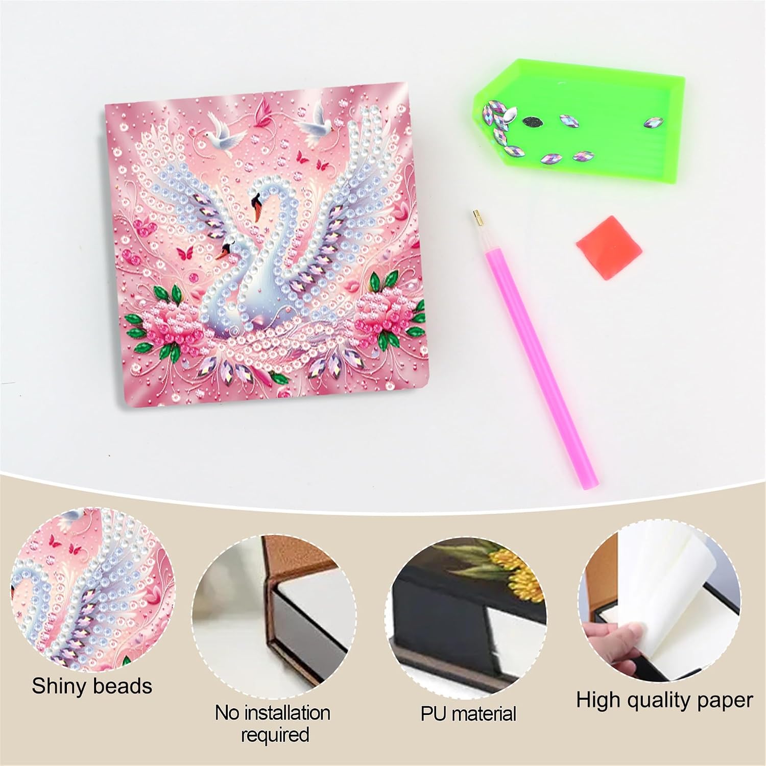 Swan Diamond Painting Note Box Memo Pad Holder,Diamond Art Sticky Notes Organizer for Desk, Aesthetic Stationery Storage Case for Office,School Supplies (Swan) image 5