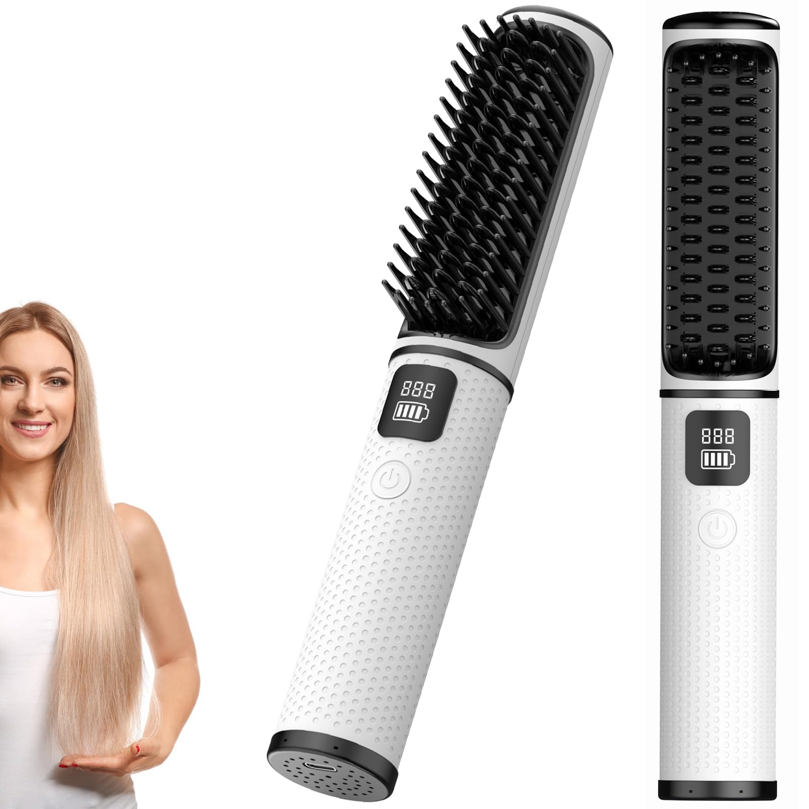 OBEST Cepillo Alisador de Pelo,Mini Alisador de Barba Portátil,2 en 1 Hierro de Pelo Recto Enrollado,Suave y Natural,Carga USB,Ajuste de Temperatura de 4 Velocidades,140°C - 200°C