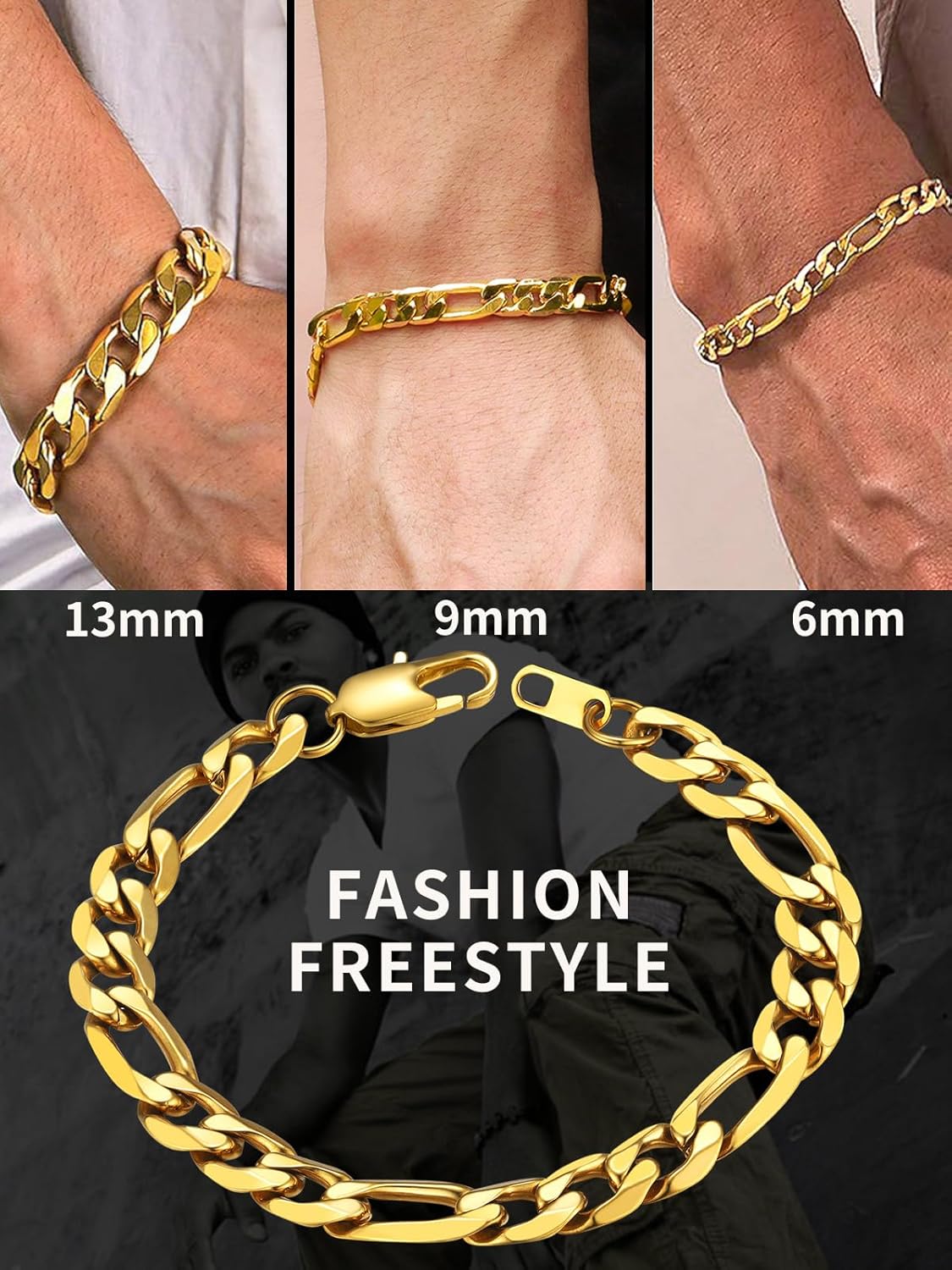 ChainsHouse Figaro Link Chain Bracelet, Mens Gold Bracelet Stainless Steel/Black/14K Gold Plated Wrist Figaro Bracelets for Men Women, 6MM-13MM, 7.5"/8.3", Send Gift Box - Image 5