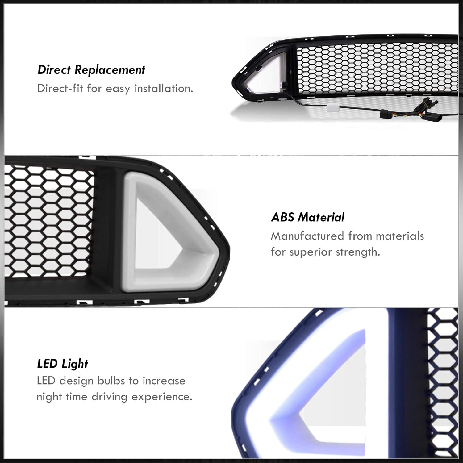 AJP Distributors Front Upper Hood Bumper Honeycomb Mesh Grille w/Triangle LED DRL Tube Bar Accent Vent Driving Light Grill Replacement For Mustang S550 GT 5.0 Coyote V8 EcoBoost V6 2018 2019 2020