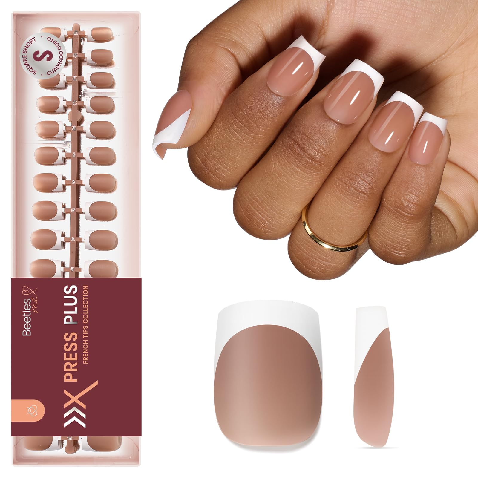 Beetles French Tip Press On Nails - Brown Short Square Press On Nails | 150 Pcs Reusable Acrylic Nail Tips Natural Salon Quality DIY for Women,15 Sizes