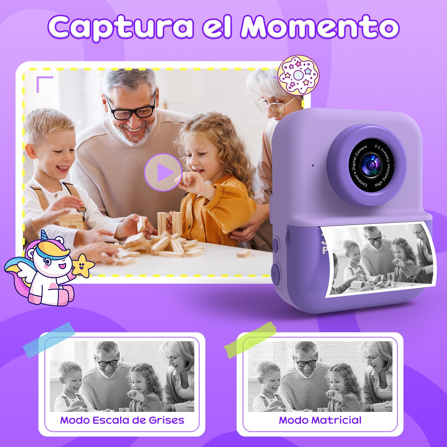 Camara Fotos Infantil Instantanea, 20MP con Pantalla HD De 3.0'', Cámara Fotos Infantil con Tarjeta 32GB y 5 Rolls de Papel, Cámara Instantánea, para niños de 12 años 03