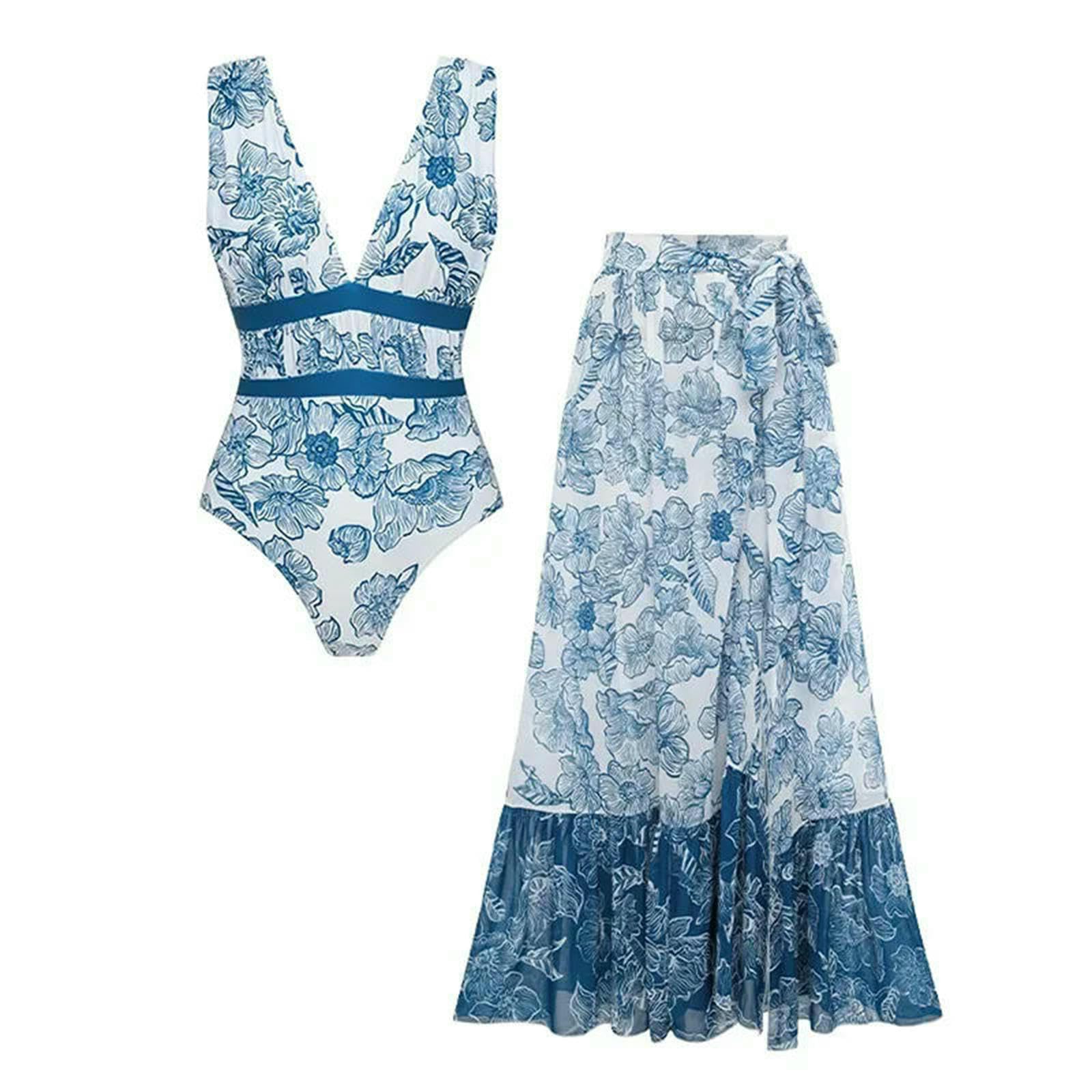 bañador Traje De Baño Blanco Y Azul Floral, Cuello En V Profundo Sin Mangas con Bandas Cintura Contraste, Monokini Adelgazante, S-XL-Swimsuit and Skirt_a-s