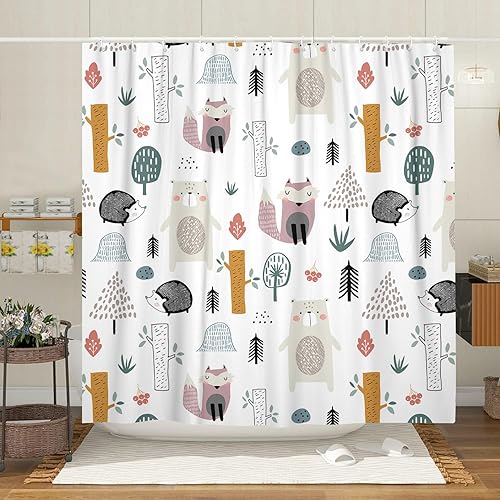 Cortina de ducha para niños, diseño de oso zorro, erizo, árbol de animales, bohemio, cortina de ducha de tela para niños, diseño de bosque, con