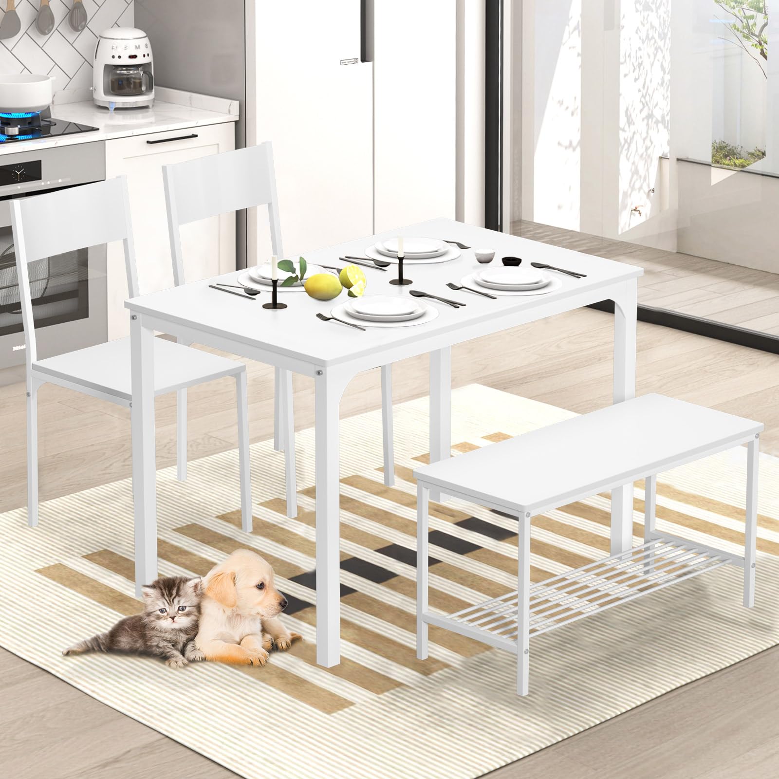 Juego de mesa de cocina para 4, juego de sillas de mesa de comedor compacto con banco, mesa de 4 piezas con estantes de almacenamiento integrados, marco de metal, para apartamento, 2