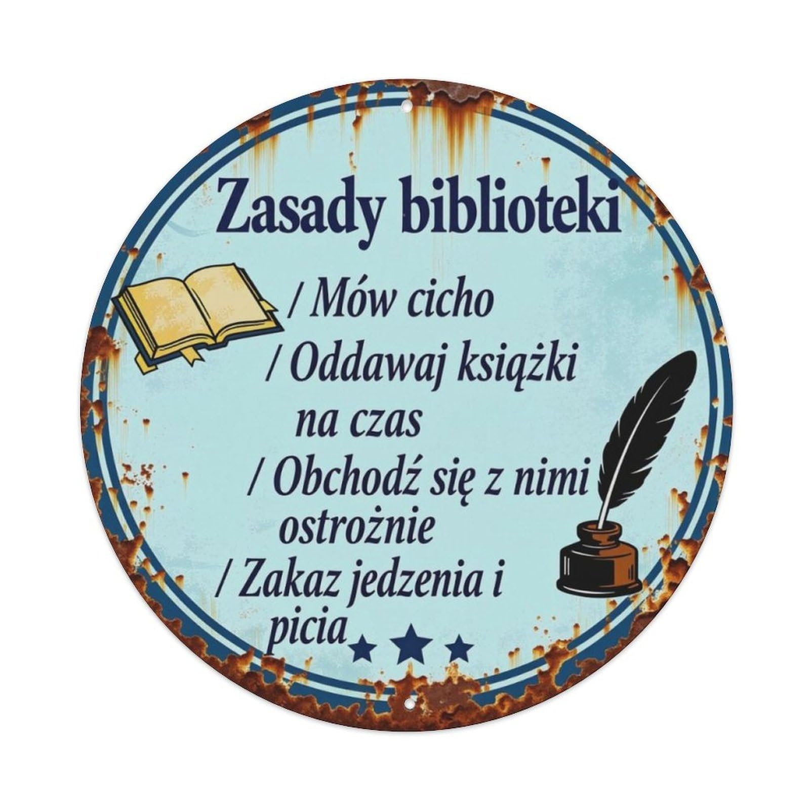 Vintage Polish Library Rules Round Sign Vintage Aluminium Metal Sign, Retro Wall Decor for Home, Bar, Garage & Farmhouse 20x20cm