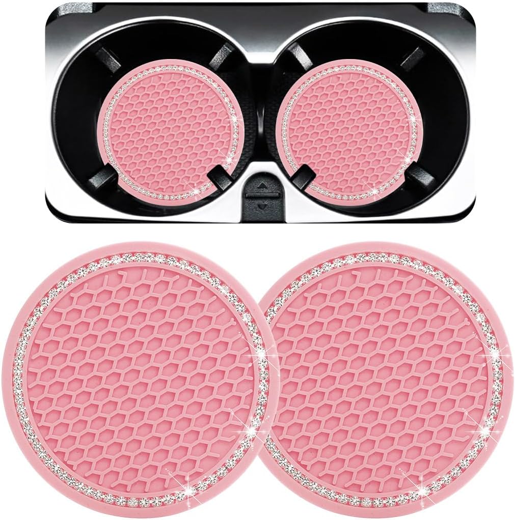 Ziciner 4 Pack Bling Car Cup Coaster, Crystal Soft Rubber Cup Holder Insert Coaster, Anti-Slip Rhinestone Drink Cup Mat, Universal Interior Accessories for Car SUV Truck (Rose Red&White)