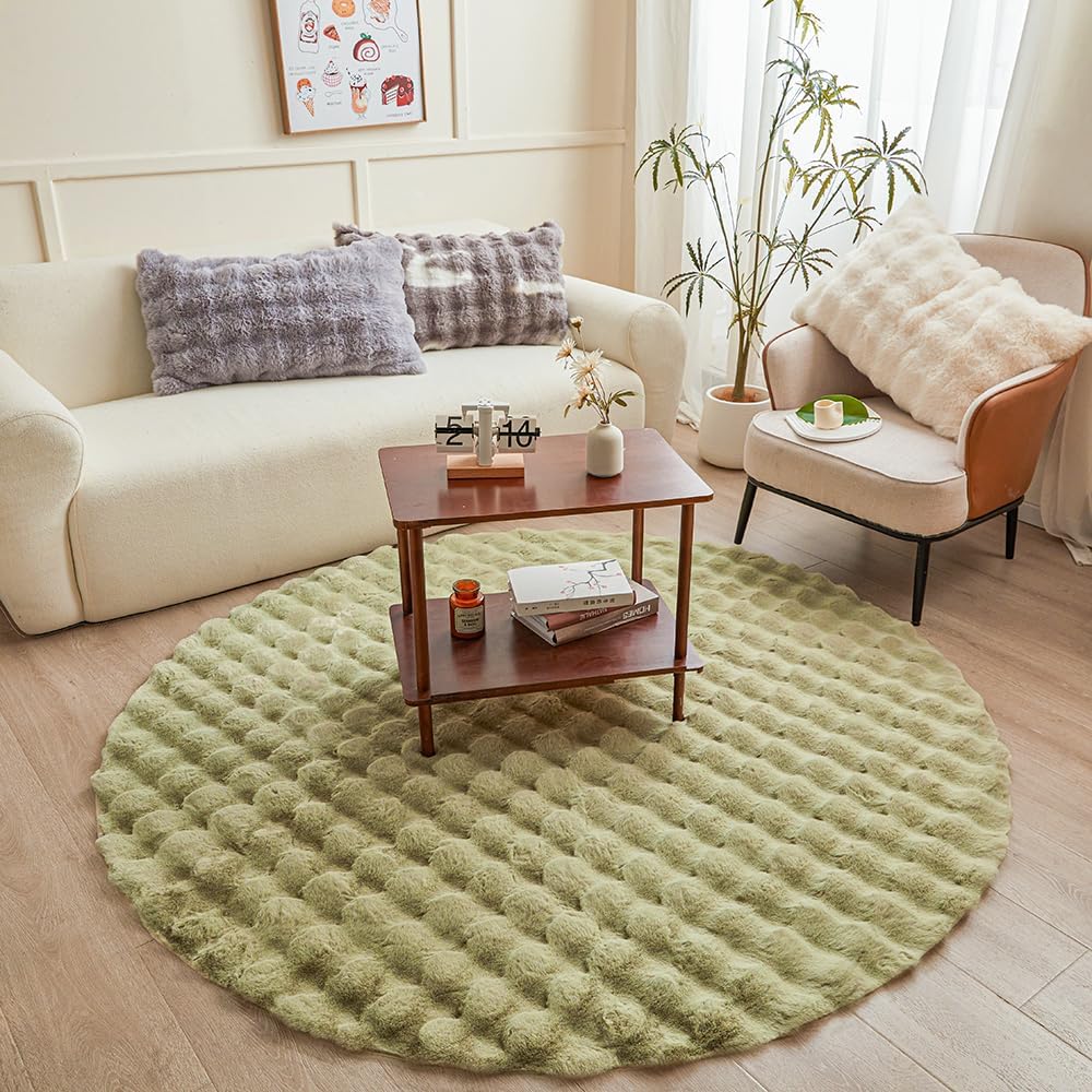 Light Green Round Rabbit Plush Rug for Bedroom Living Room Sofa,5'X5' Faux Fur Fluffy Shaggy Circle for Kids Teen Girls,Furry Carpet Circular for Nursery Baby Light Green 5' (Round)