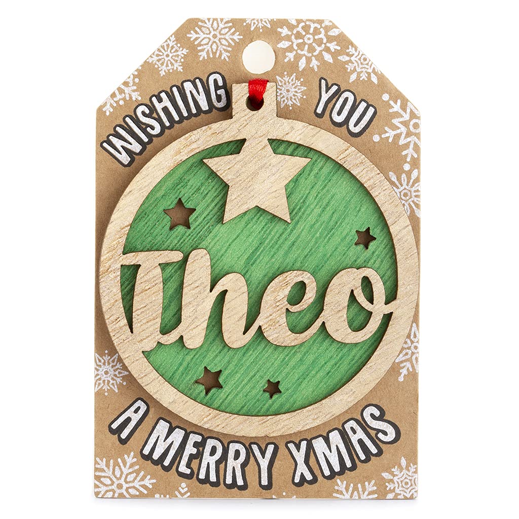 Stands Out, Supplying Outstanding Gifts Theo Personalised Wooden Name Green Hanging Christmas Tree Bauble Decoration