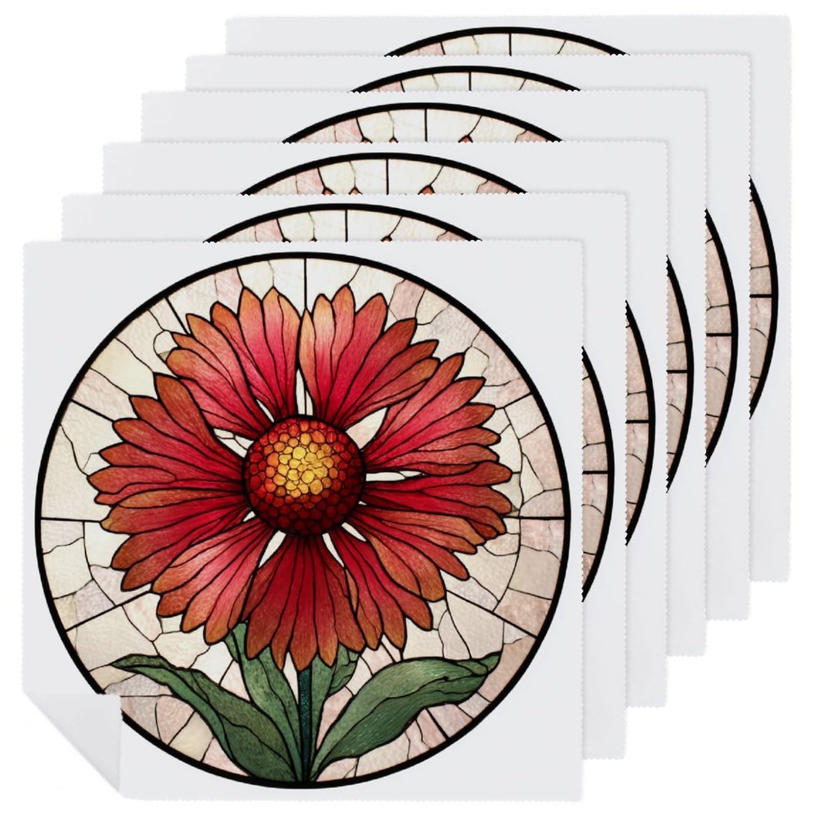 Stained Glass Indian Red And Pink Wildflower Cloth Napkins Set of 6, Square Premium Reusable Washable Polyester Table Linen Napkin for Dinner Party