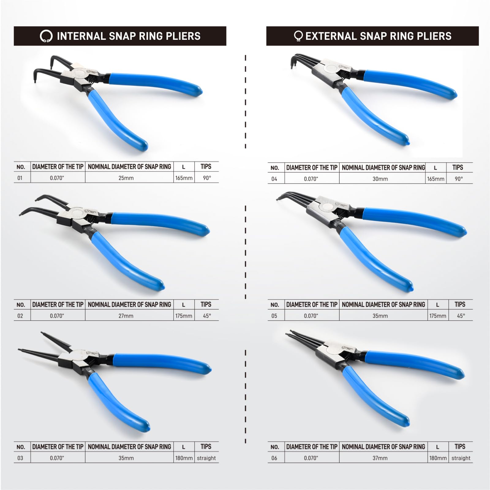 SMOTIVEPRO Set di 6 pinze per anelli elastici da 17,8 cm, con punta dritta e dritta, resistenti, con molle resistenti e manici morbidi per rimuovere gli anelli