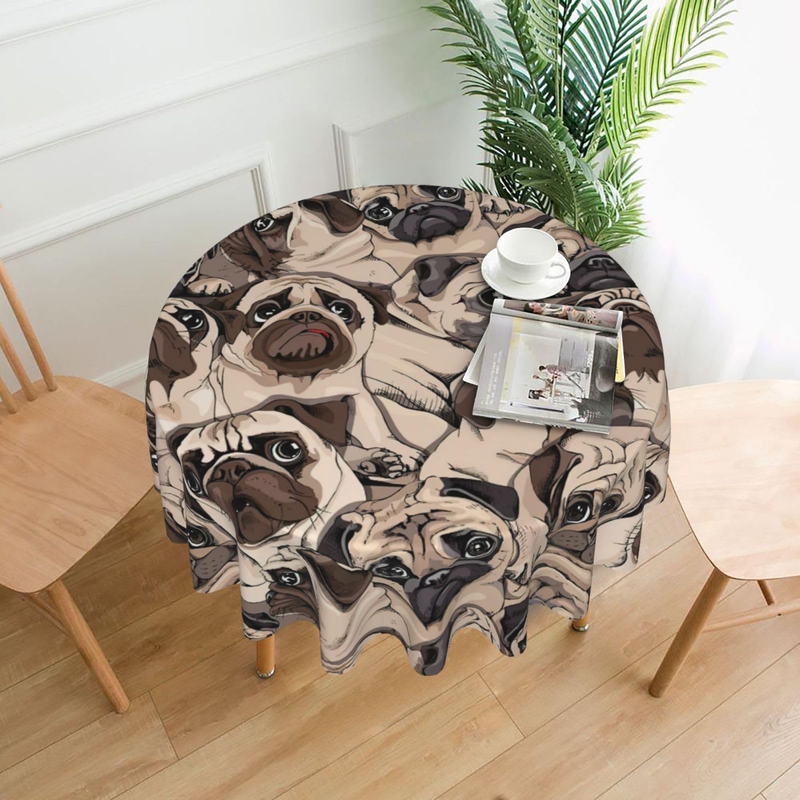 SDEGTHO Funny Pug Pattern Print Modern Retro Round Tablecloth 60in Polyester Fabric Cover for Party Dining Table Washable