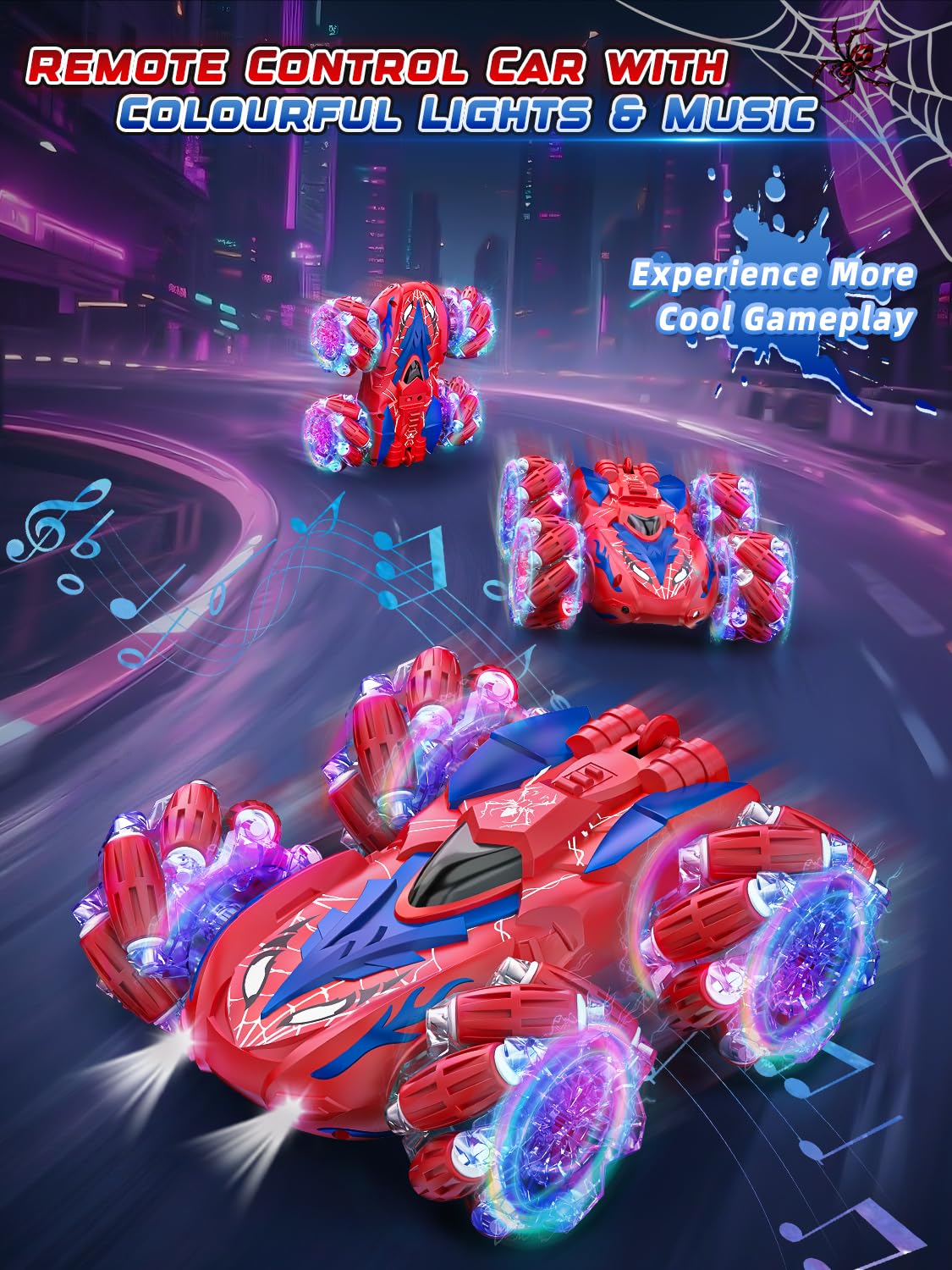 Spider Macchina Telecomandata per Bambini, 360° Ruotare e 2.4Ghz Monster Truck con Luce e Musica, 4WD RC Auto Acrobatica Giochi Bambini 3 4 5 6 7 8 9 Anni, Regalo Bambino Bambina per Compleanno Natale