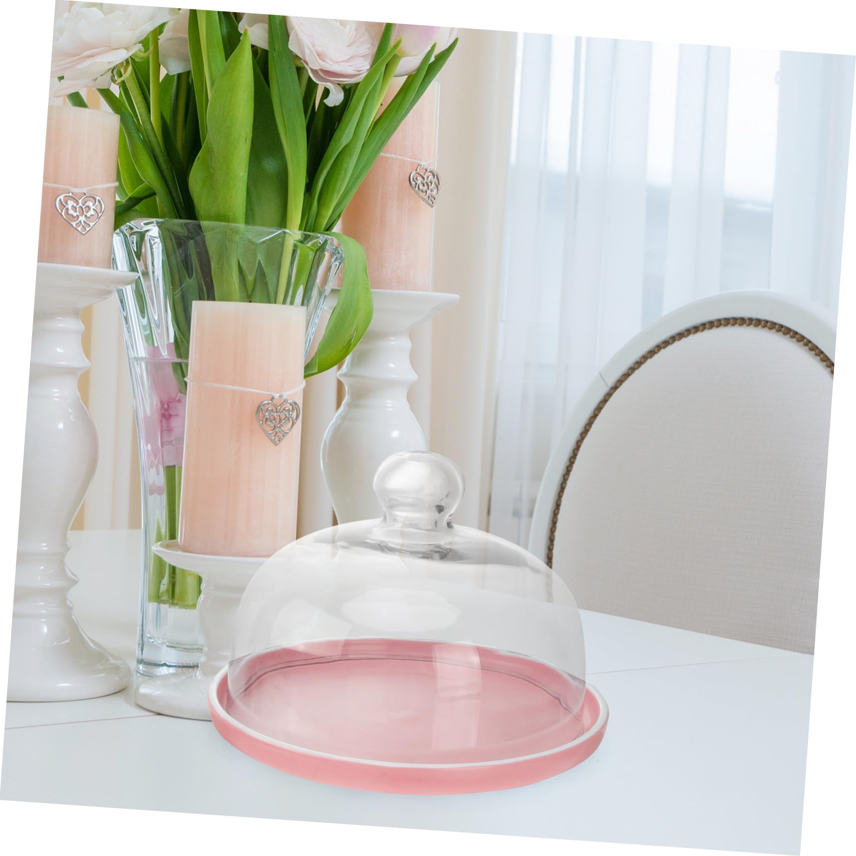 Keramik Desserttablett mit Glasdeckel, 1 Satz Rosa für Kuchen und Brot