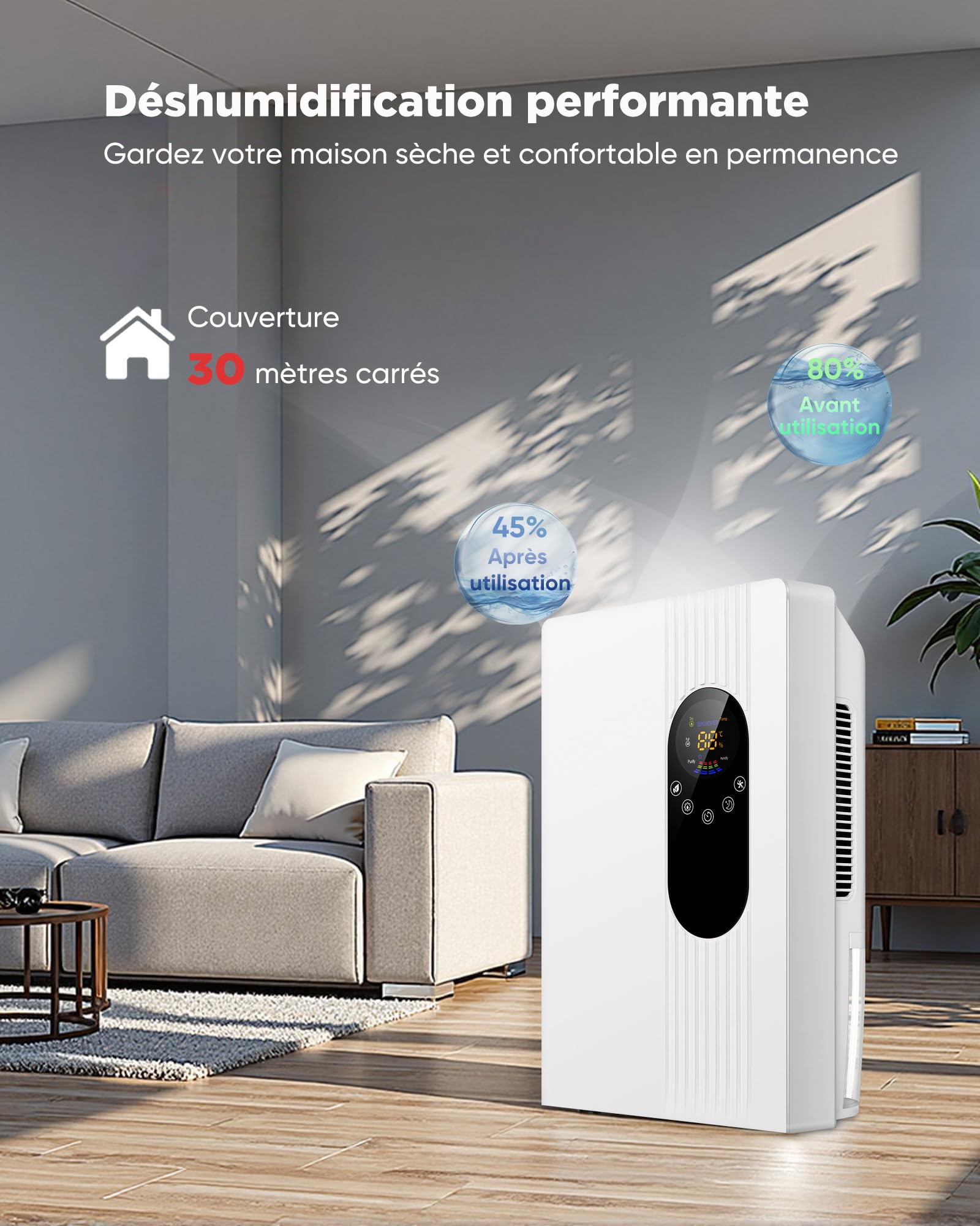 Deshumidificateur d air Electrique 2.2L Anti Moisissure, Éco Déshumidificateurs Maison Portable Silencieux avec Télécommande Dégivrage Arrêt Automatique, 24H Minuteur/Purification/Mode sommeil