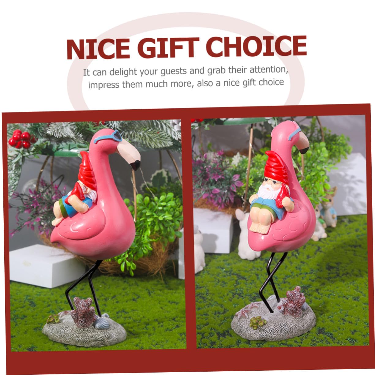 Lustige Gartenzwergfigur mit Flamingo Gartendekoration Terrasse Garten Wetterfeste Kunstharz Skulptur Verspielte Gartenfigur für Außenbereich