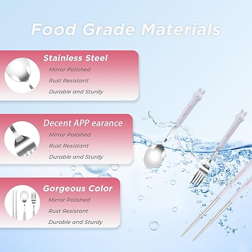 Miniatura 3 de Lindo conejo reutilizable de acero inoxidable tenedor cuchara palillos con estuche, juego de cubiertos de viaje de conejo para oficina, viajes,