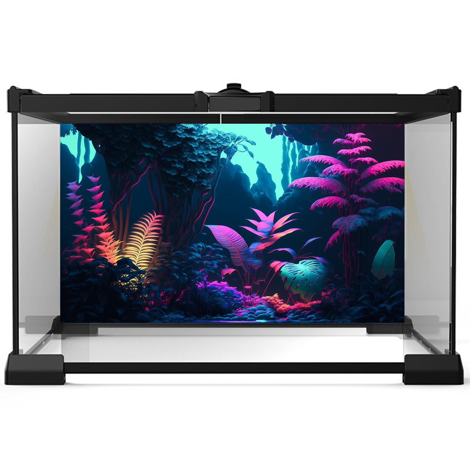 Jungle Aquarium Background Dense Jungle with Leaves Flowers In Pastel Colors Under Neon Light Terrarium Background Abstract Clear Pastel Colors Jungle Theme Landscape Fish Tank Background 24x16in