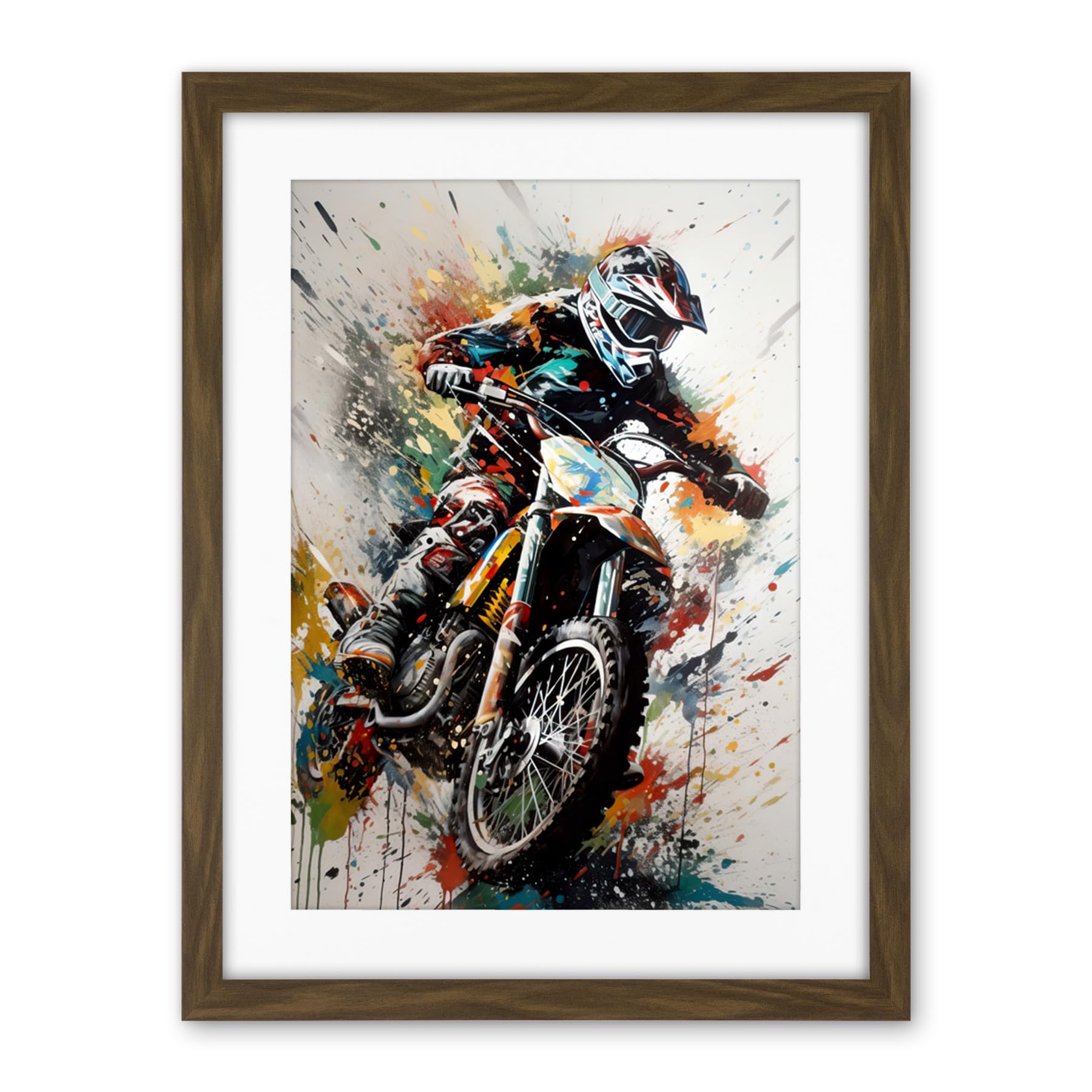 Artery8 Motocross Racer Paint Splat Action Shot Portrait Artwork Framed Wall Art Print 18X24 Inch