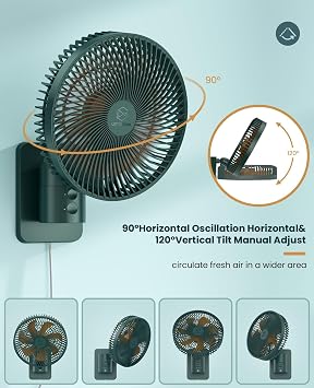 LEMOISTAR 8 Inch Small Wall Mounted Fan with Remote Control, 90 Oscillating, 4 Speeds High Velocity, Timer, Adjustable Tilt, 70 Inch Cord, Quiet, for RV Bedroom Home Office Garage-Green&Orange
