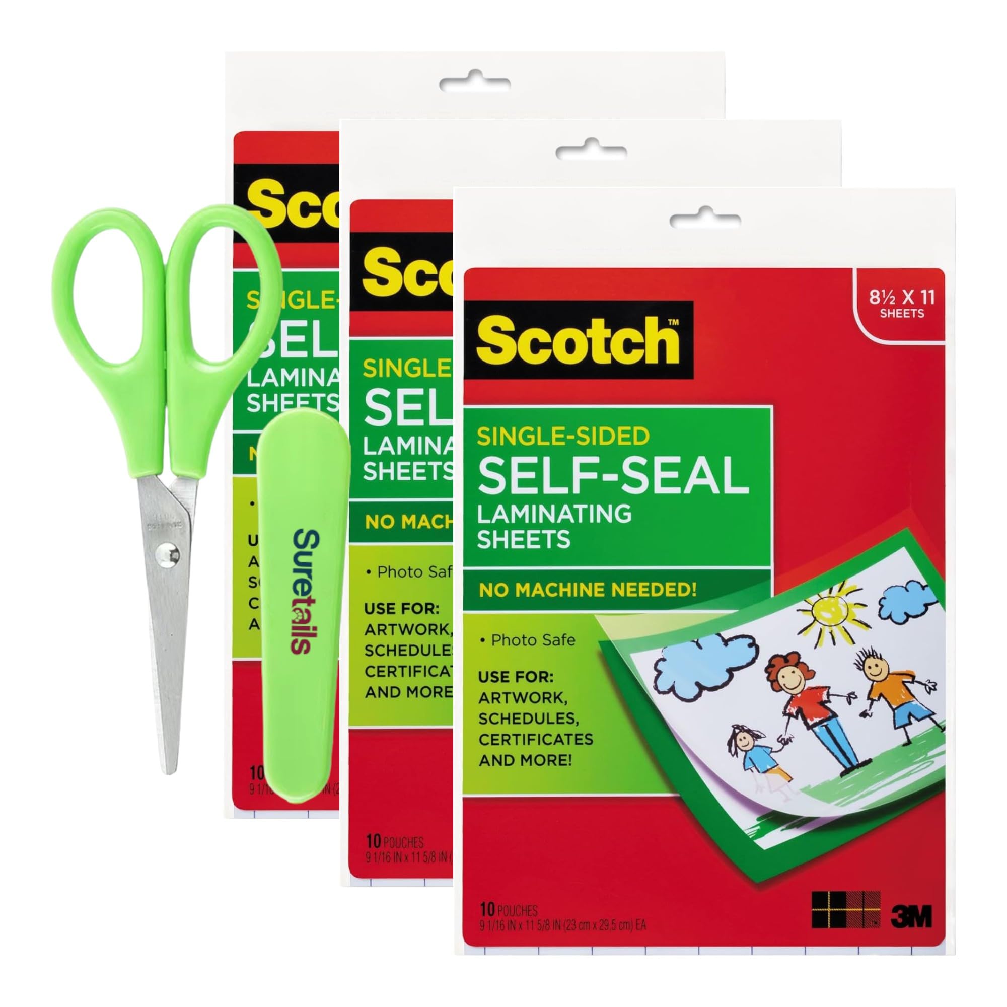 Self Sealing Laminating Sheets, 9x12 Inches | Bundled with Suretails Paper Scissors - Laminating Pouches, Photo Safe, Versatile Use, Clear for Documents & Photos [Pack of 3]